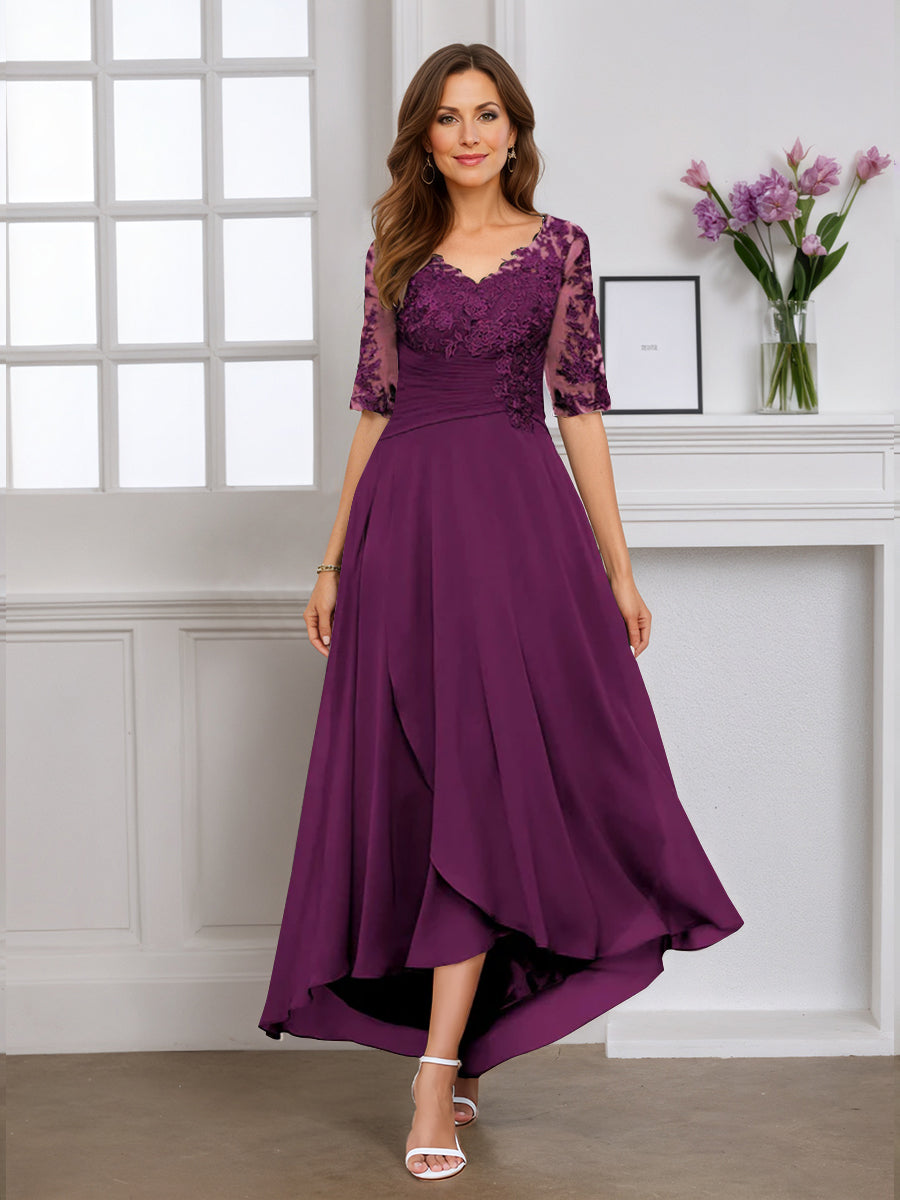 Cicinia Robe pour Mère de la Mariée RAISIN Longue A-Line en Mousseline Dentelle Manches Demi-longues Décolleté en V Ourlet Asymétrique