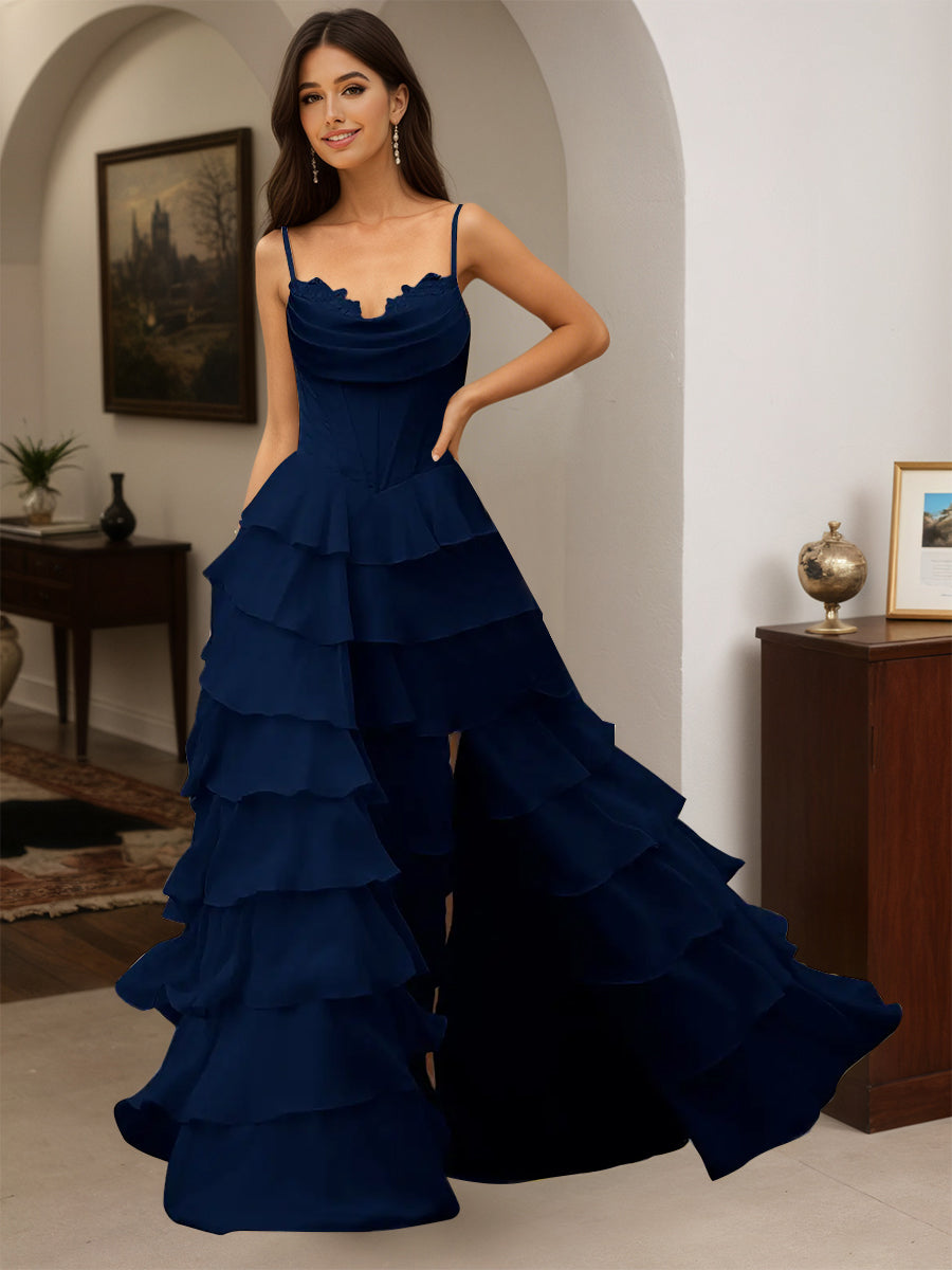 Cicinia Robe de Soirée Bleu Marine Foncé Longue A-Line à Bretelles Spaghetti Longueur Sol Fente à Volants