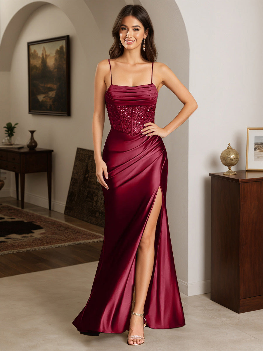 Cicinia Robe de Soirée BORDEAUX Longue en Satin Extensible Fourreau à Bretelles Spaghetti avec Traîne Balayée
