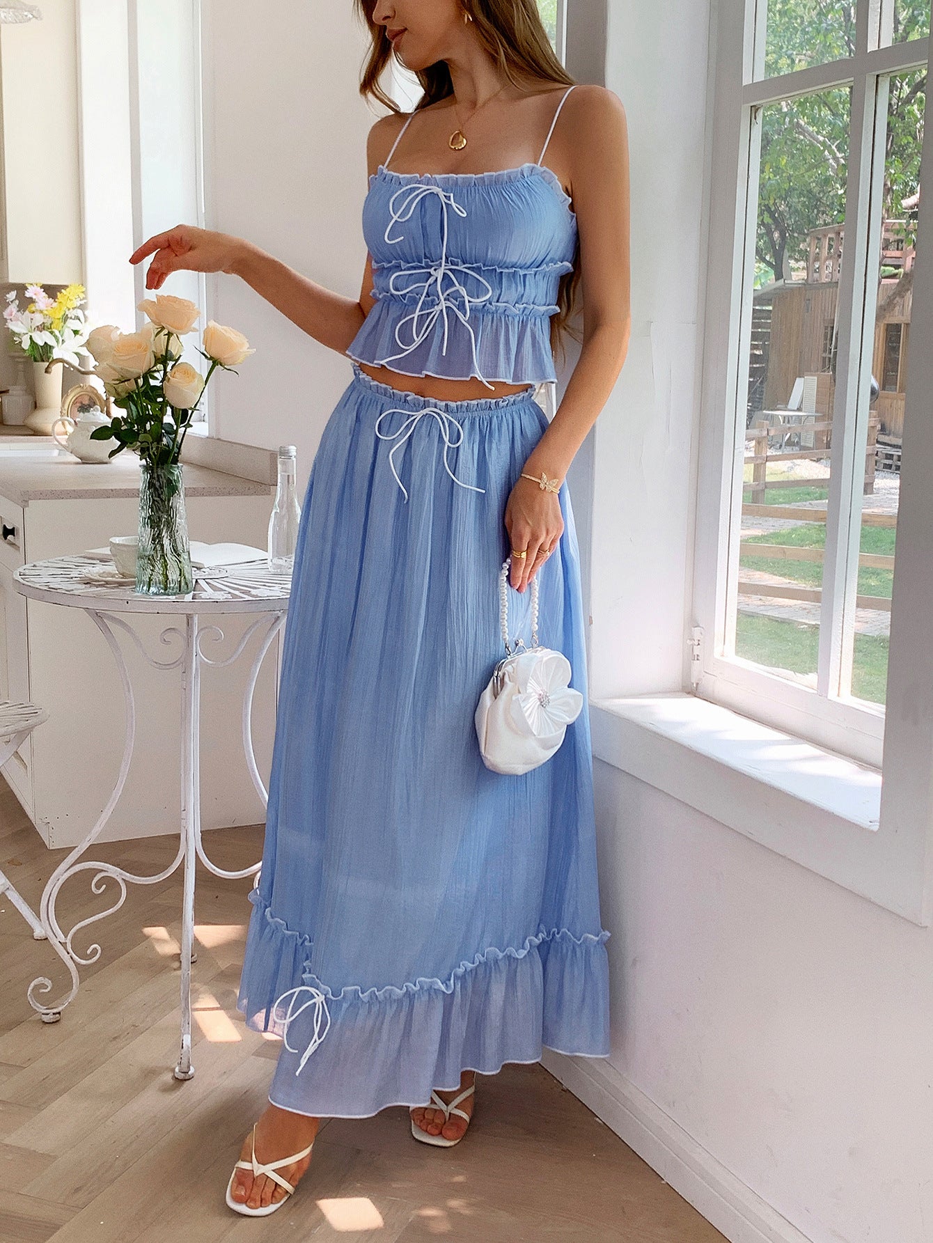 Ensemble 2 Pièces Mariage Bleu Bustier Volanté et Robe à Bretelles Fines