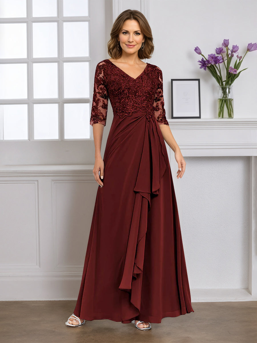 Cicinia Robe pour Mère de la Mariée BORDEAUX Longue A-Line en Mousseline Dentelle Décolleté en V Longueur Sol