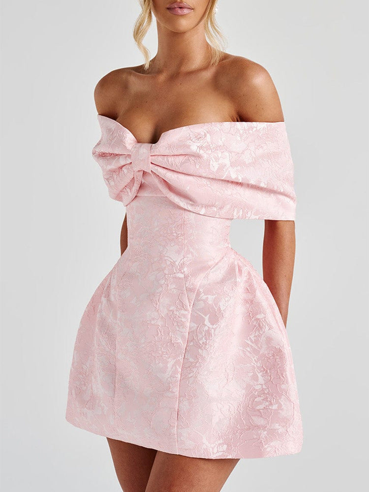 Robe Invitée Mariage Rose Pâle Encolure Illusion à Nœud et Épaules Dénudées