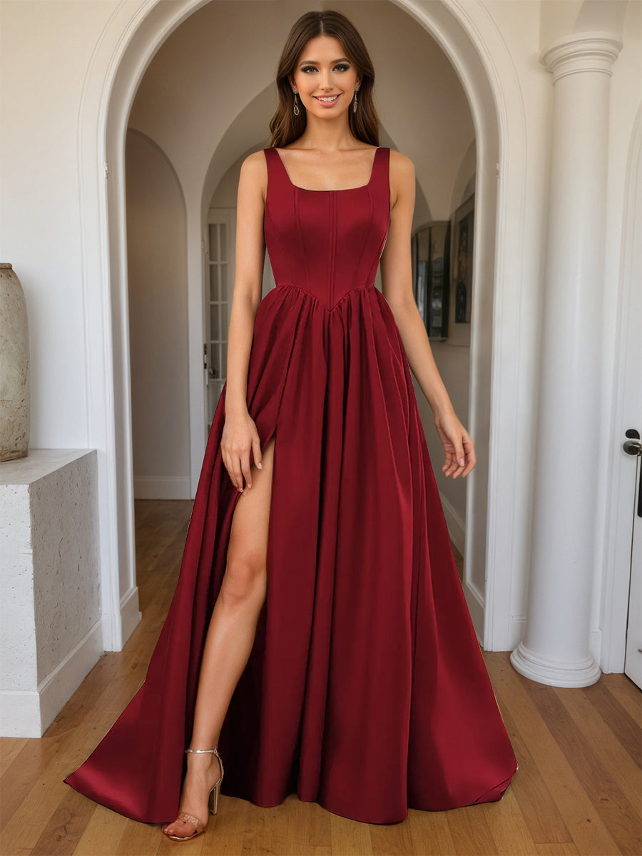 Cicinia Robe de Soirée BORDEAUX Longue A-Line en Satin Décolleté Carré Ravissante