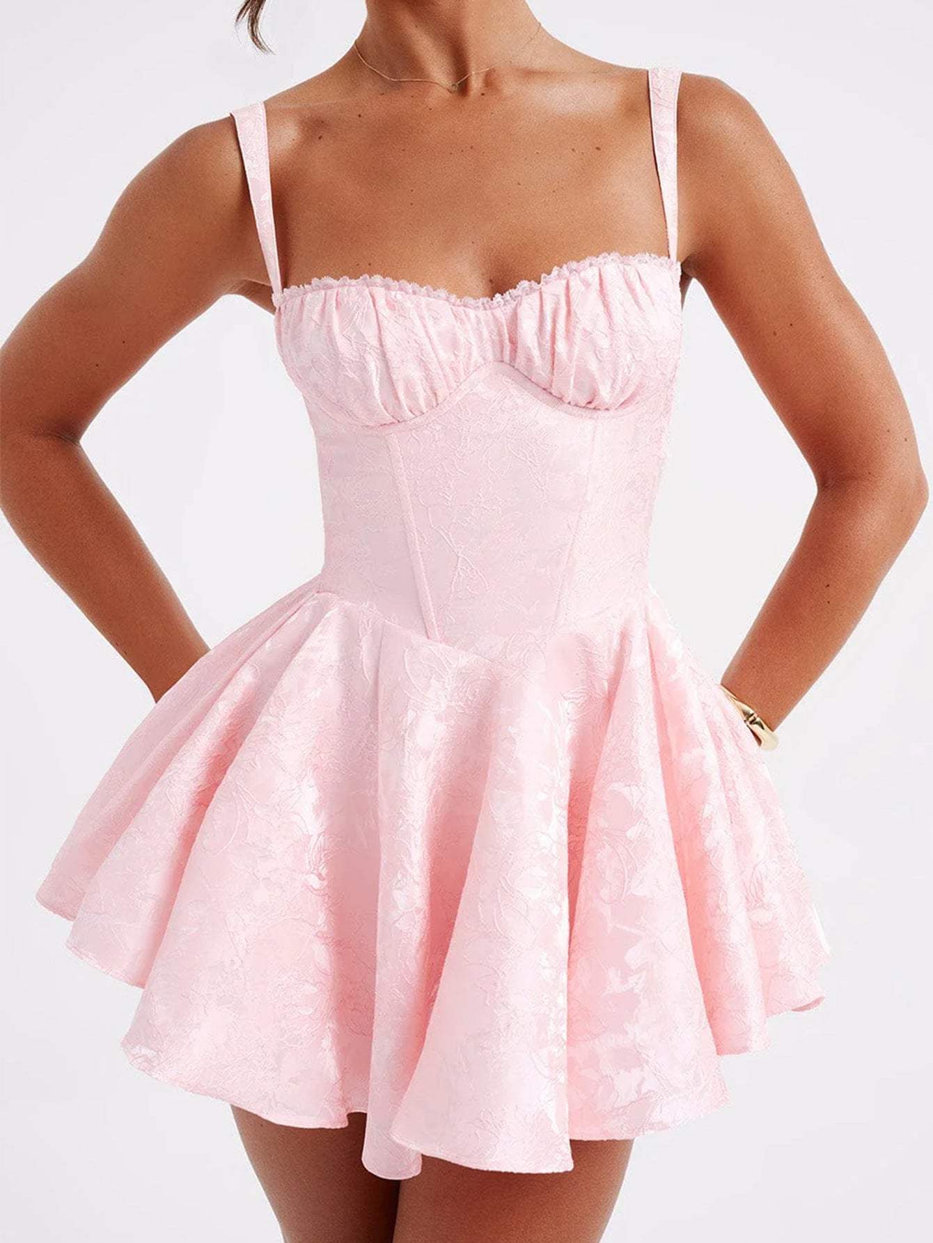 Robe Invitée Mariage ROSE_PALE Mini Florale Encolure Carrée avec Nœud