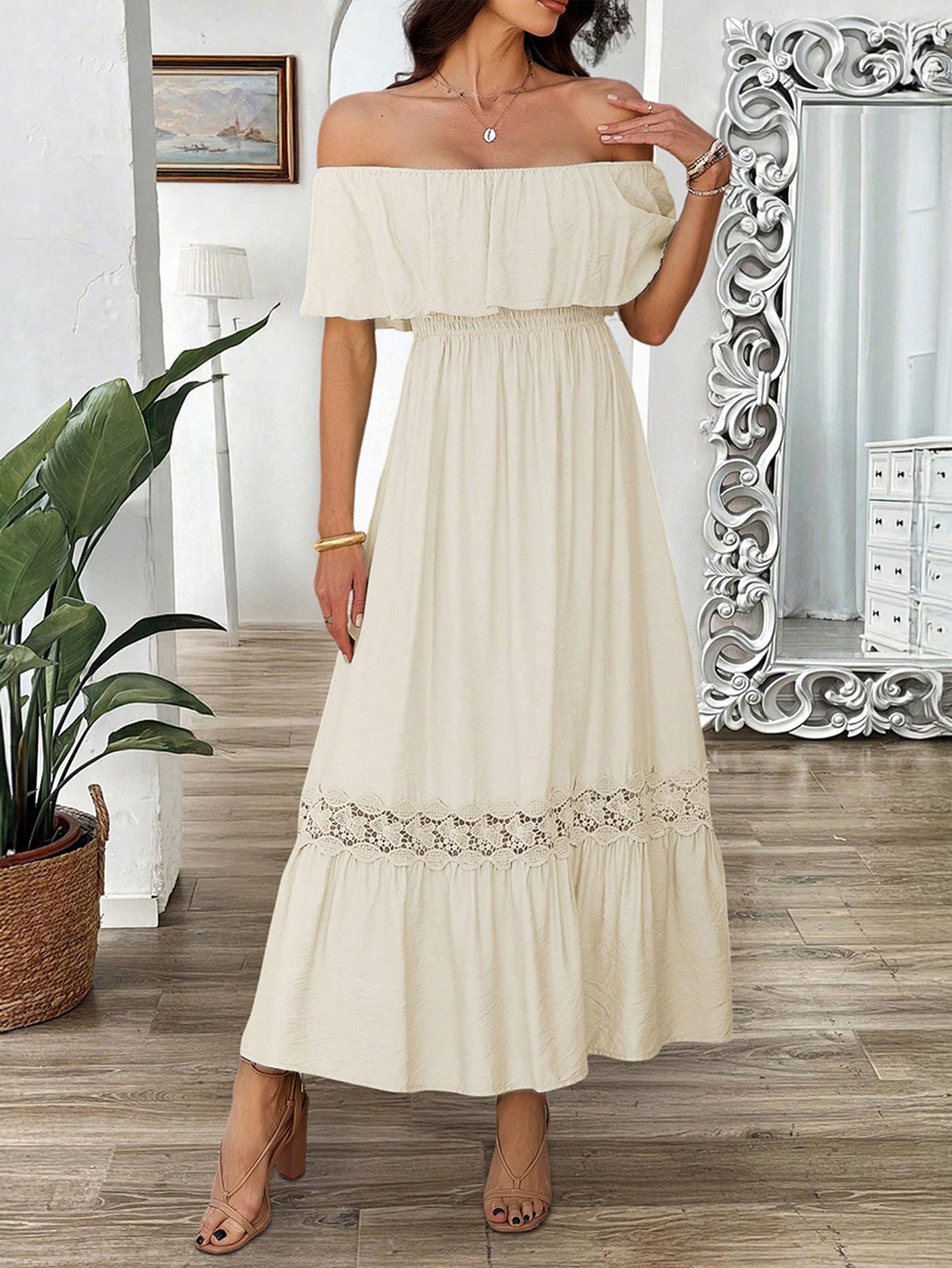 Robe Invitée Mariage Apricot Epaule Dénudée Manches Courtes Bustier Volanté