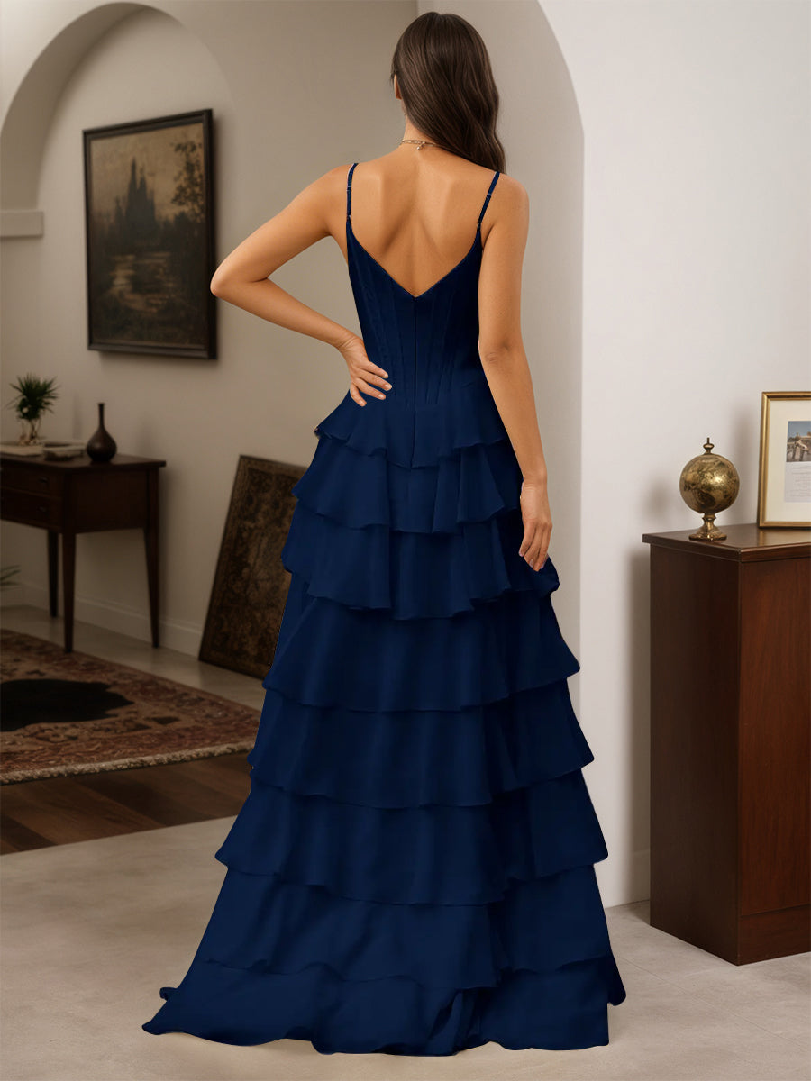Cicinia Robe de Soirée Bleu Marine Foncé Longue A-Line à Bretelles Spaghetti Longueur Sol Fente à Volants