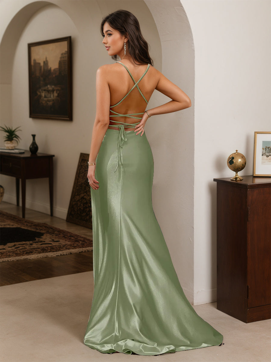 Cicinia Robe de Soirée SAUGE POUDREE Longue Fourreau à Bretelles Spaghetti Dos Nud Fente