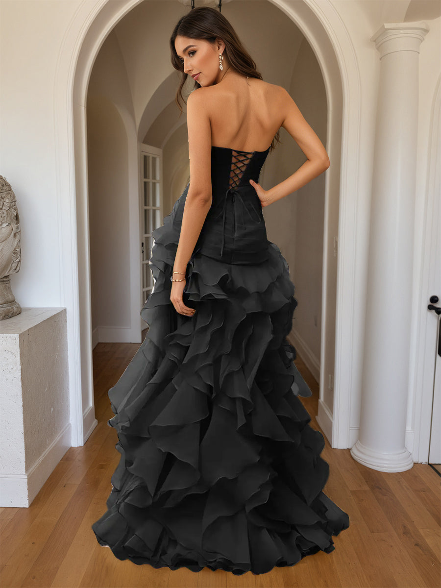 Cicinia Robe de Soirée Noir Longue Fourreau sans Bretelles Fente Dos Nud à Volants