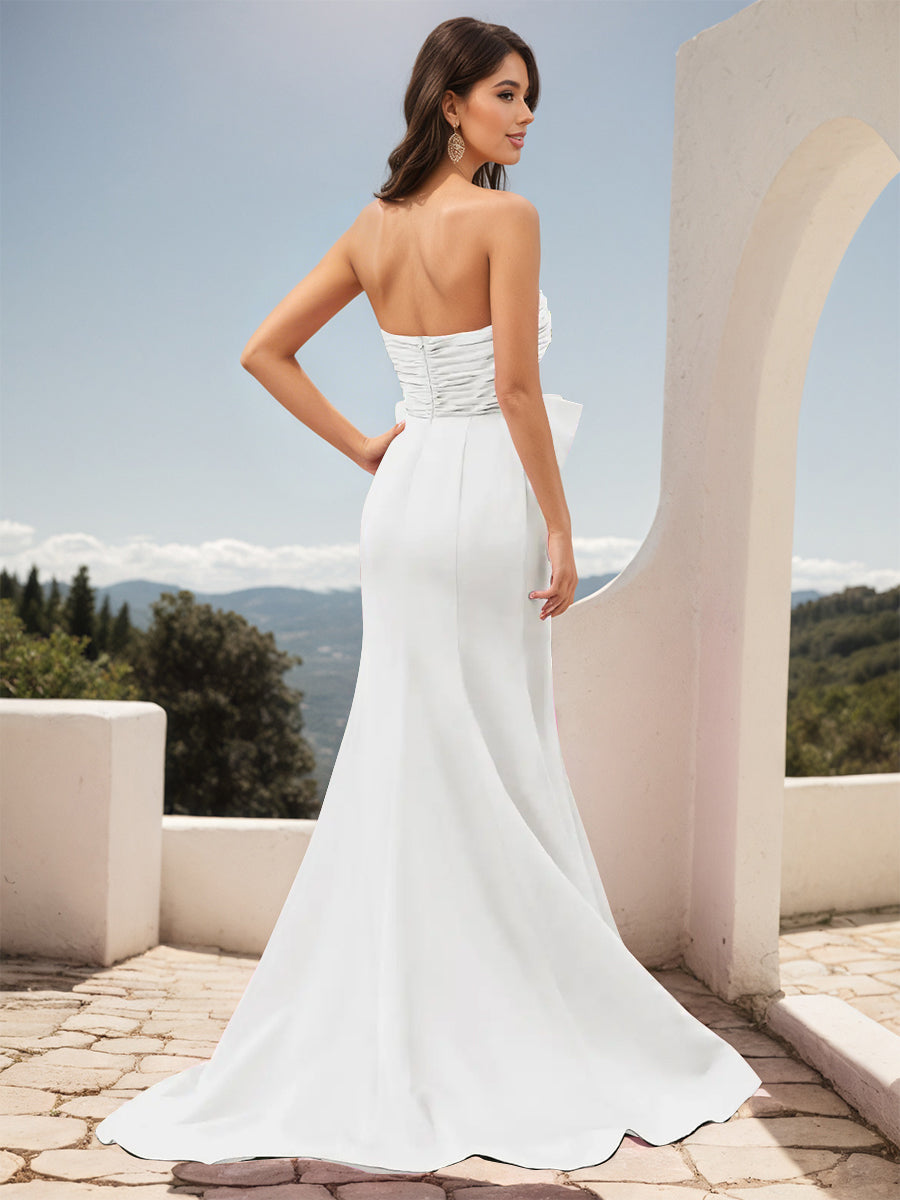 Cicinia Robe de Soirée Blanche Longue en Tissu Extensible Fourreau sans Bretelles Fente avec Grand Nœud Papillon