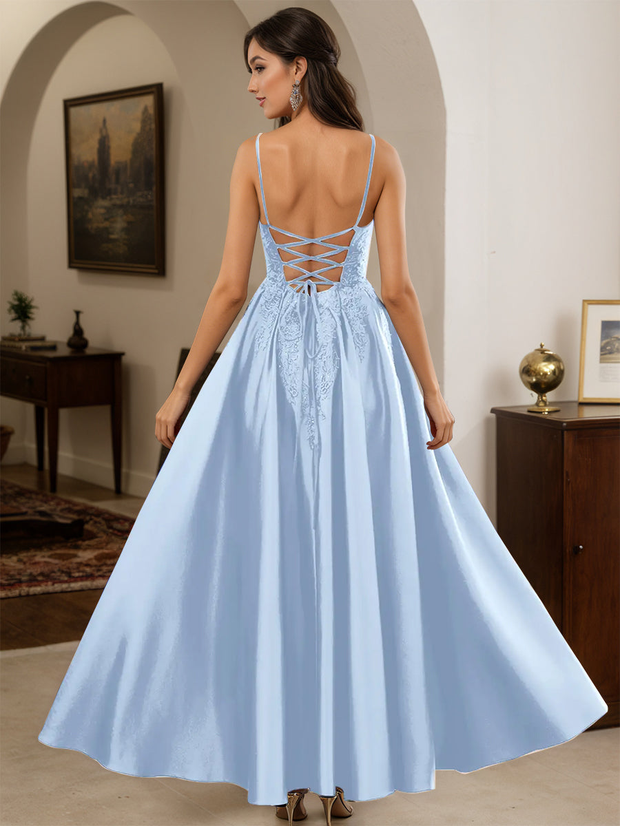 Cicinia Robe de Soirée BLEU CIEL Longue A-Line en Satin Appliqués Dentelle Longueur Sol