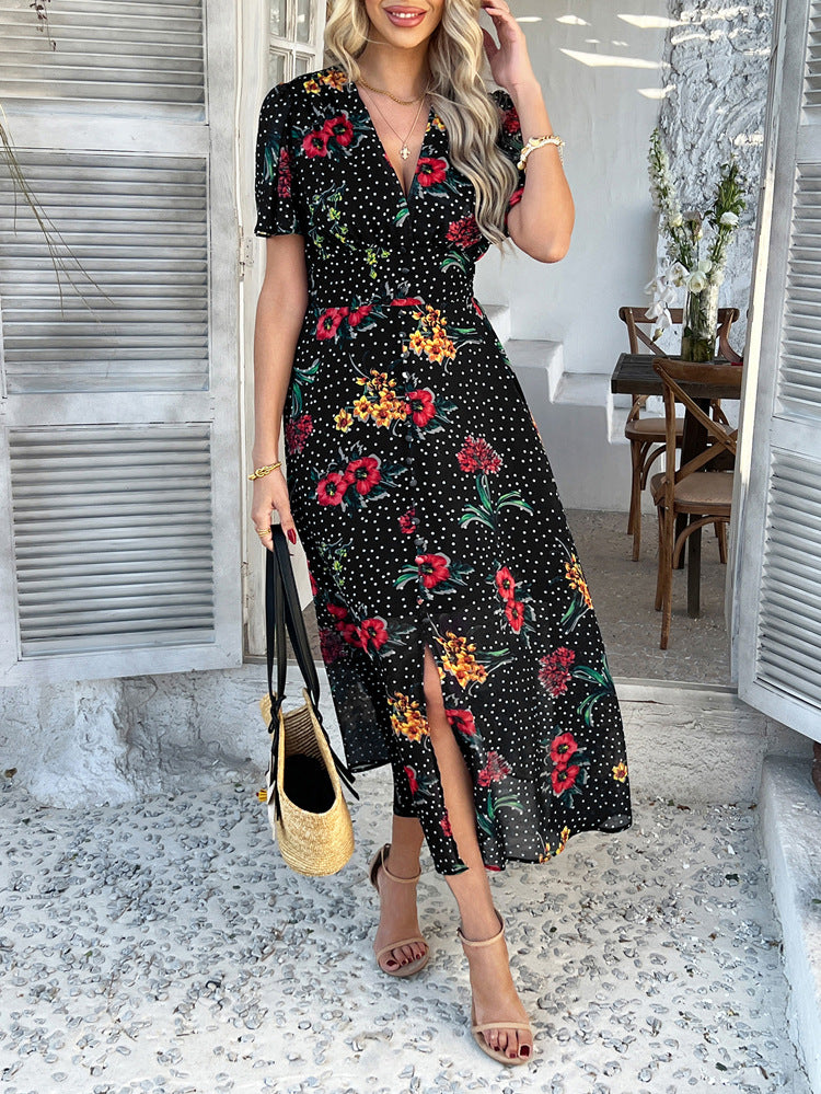 Robe de Mariée Invitée Noire Sexy en Mousseline Imprimé Florale à Manches Courtes
