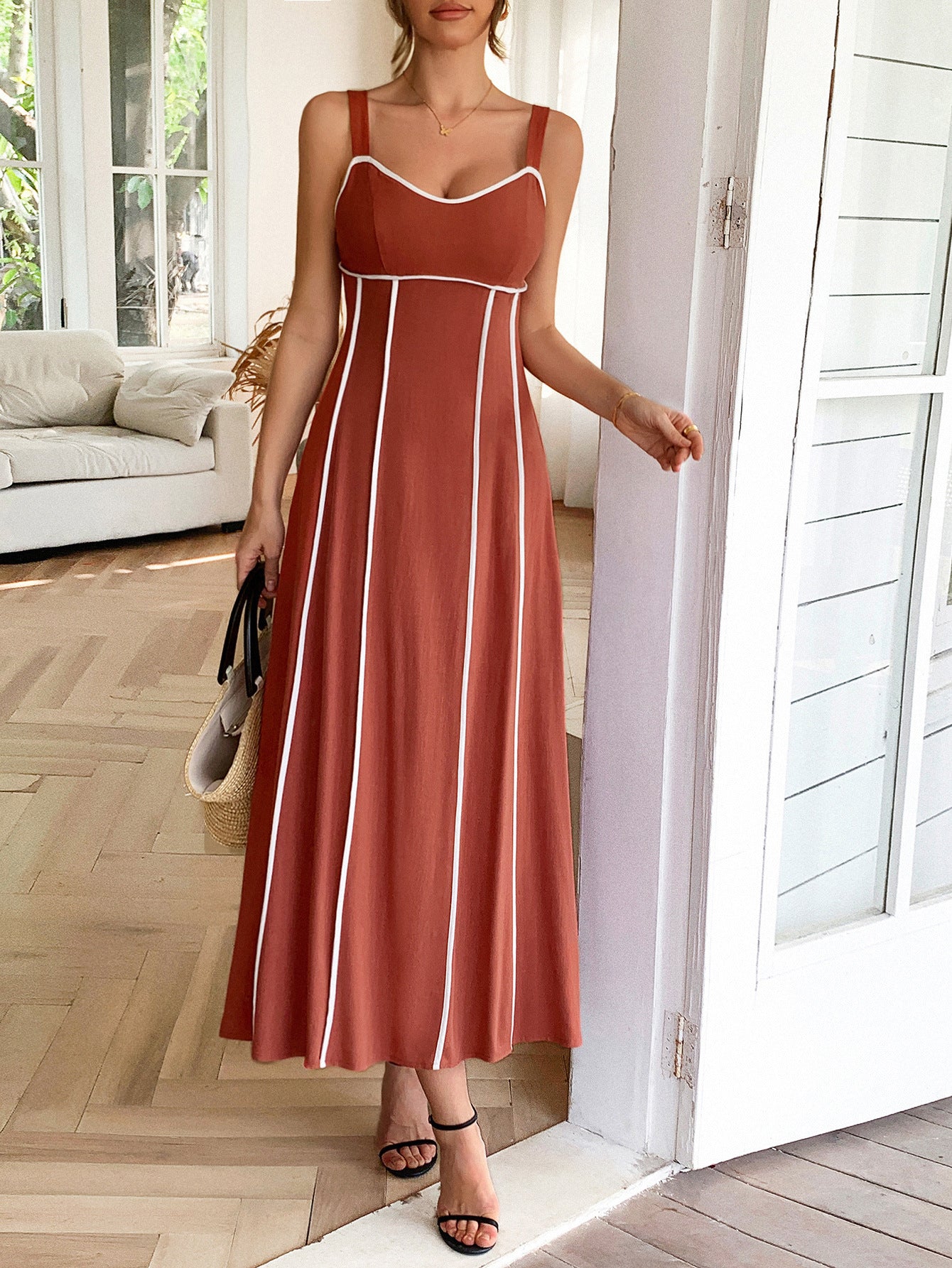 Robe Invitée Mariage Rouille Élégante Encolure Carrée à Bretelles Longueur Cheville