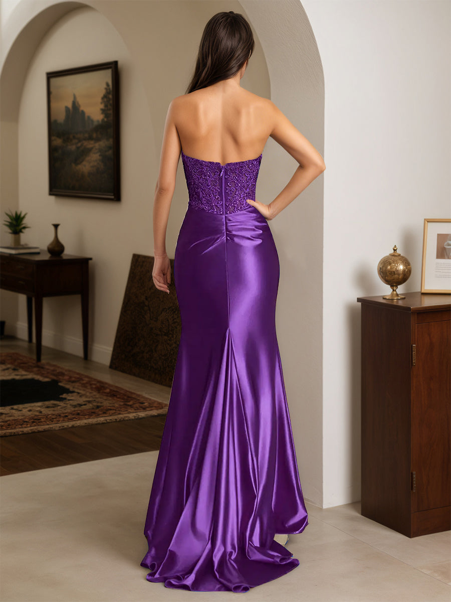 Cicinia Robe de Soirée Raisin Longue en Satin Extensible Fourreau sans Bretelles Appliqués Dentelle