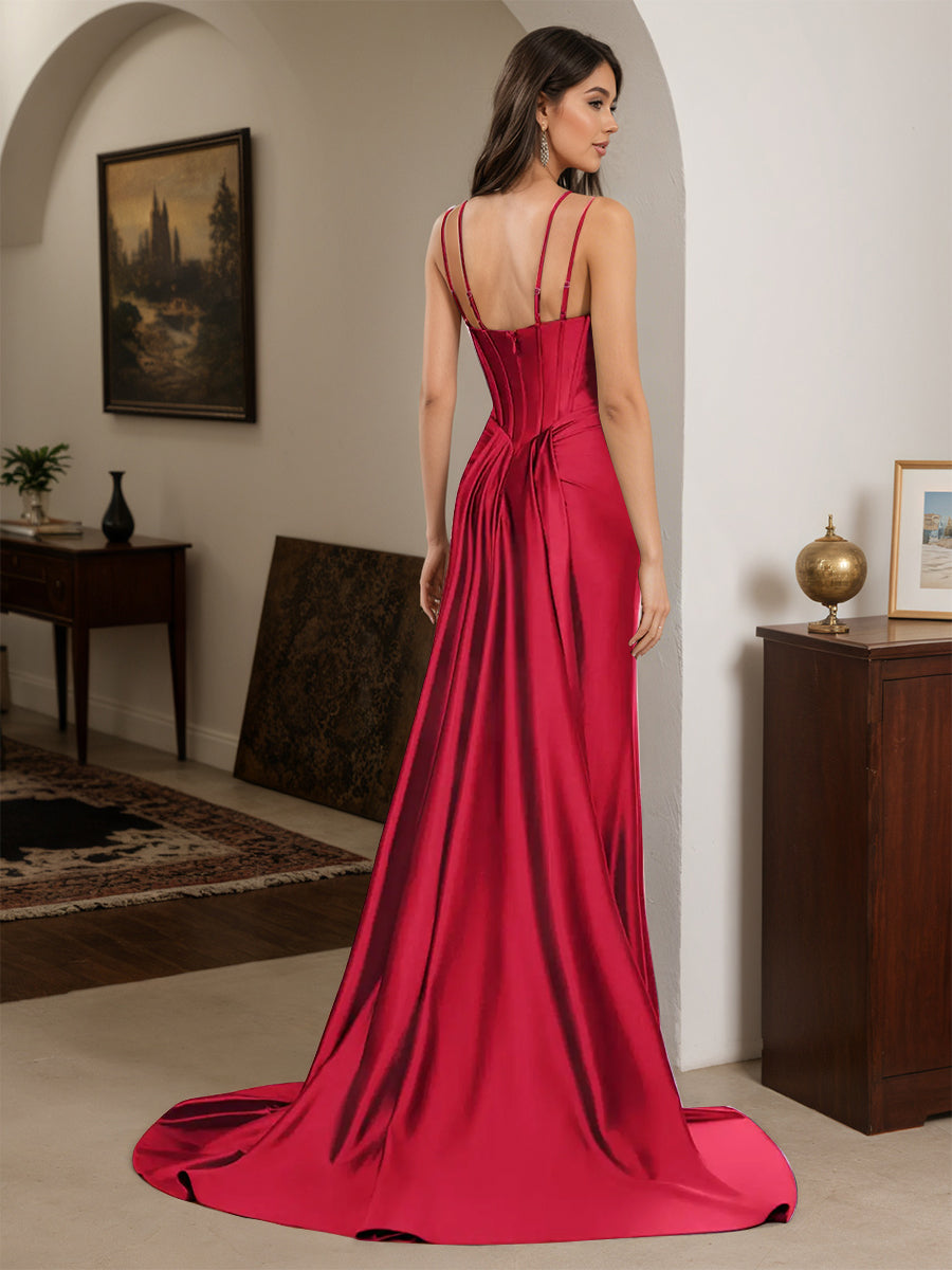 Cicinia Robe de Soirée Rouge Longue Fourreau à Bretelles Spaghetti Perlé Fente