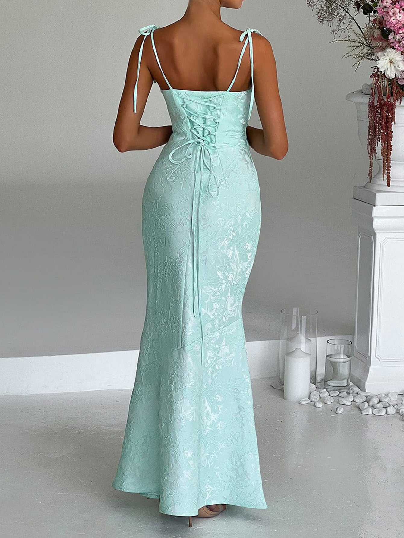 Robe Invitée Mariage VERT_MENTHE Encolure Carrée Bretelles Fines Imprimée Coupe Fourreau