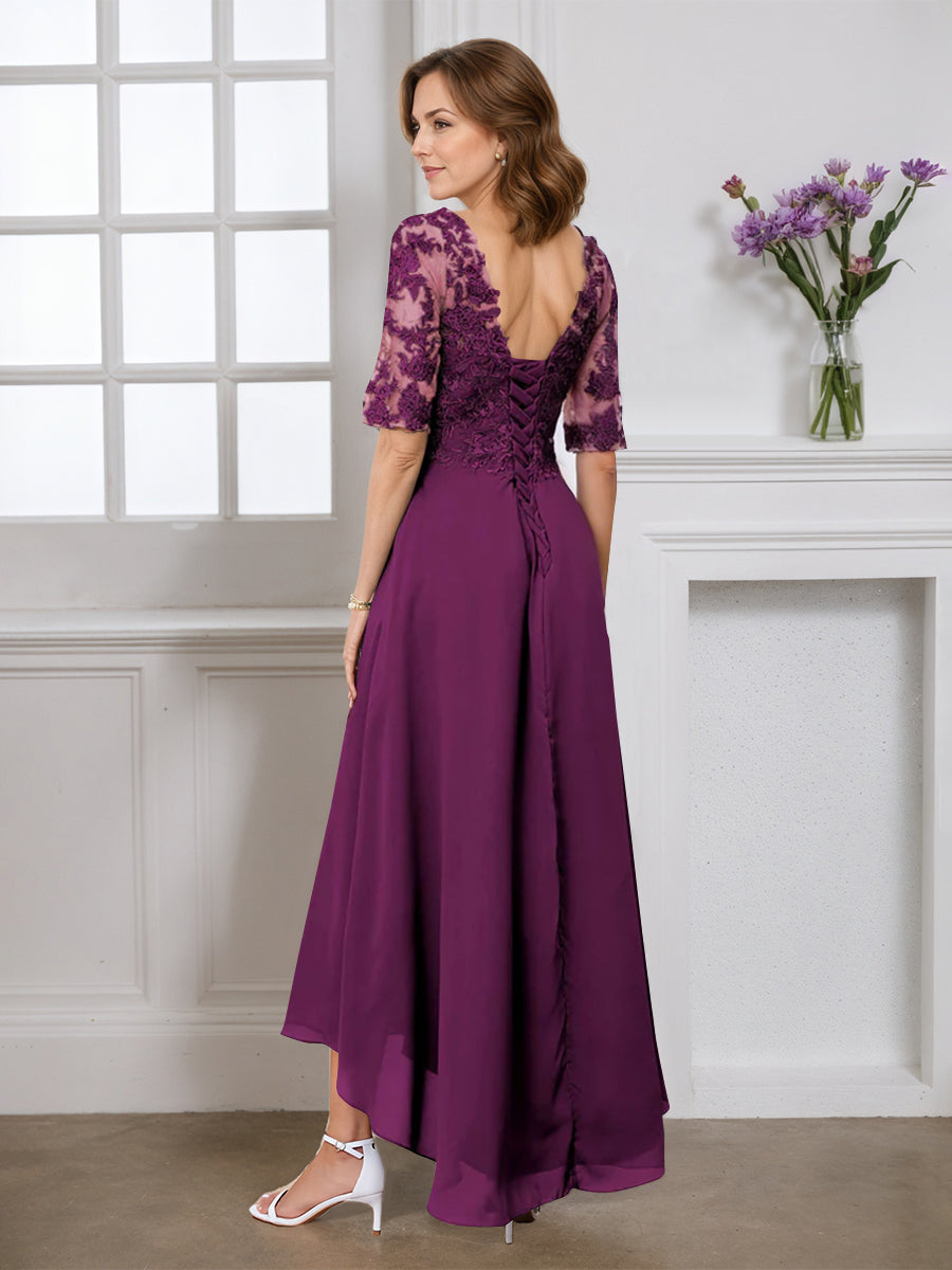 Cicinia Robe pour Mère de la Mariée RAISIN Longue A-Line en Mousseline Dentelle Manches Demi-longues Décolleté en V Ourlet Asymétrique