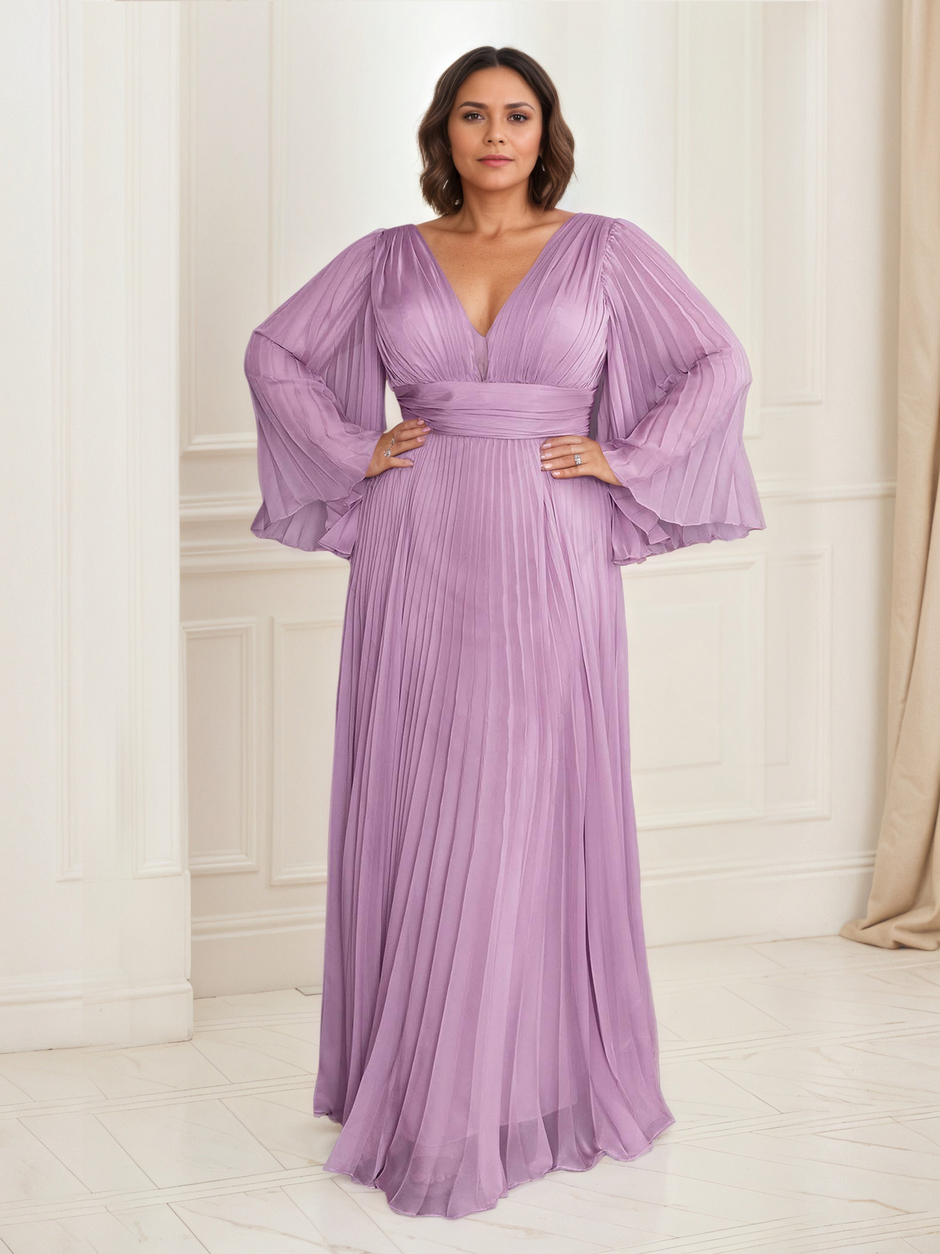 Robe de Soirée Longue Plissée LILAS Col V Robe Mousseline Trapèze Manches Longue