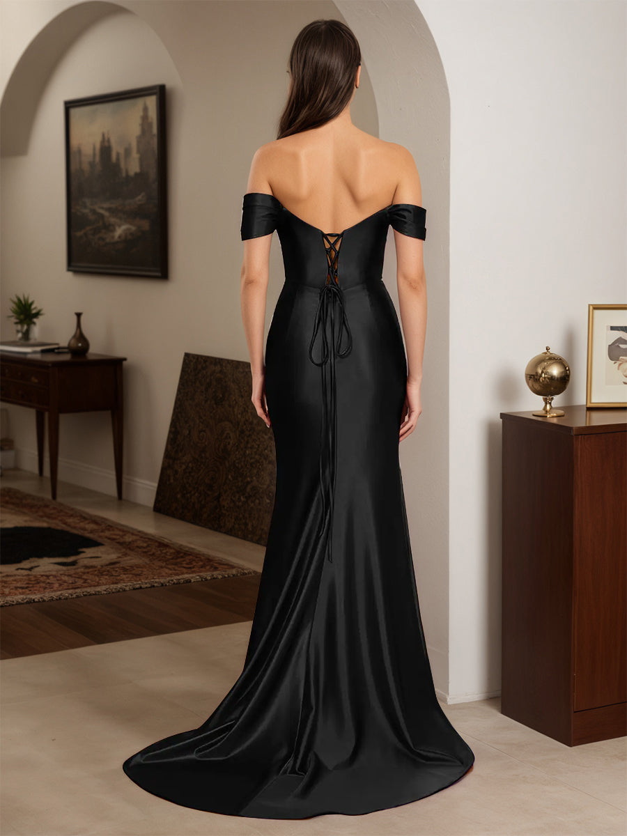 Cicinia Robe de Soirée Noir Longue Fourreau Perlé Épaules Dénudées Dos Nud