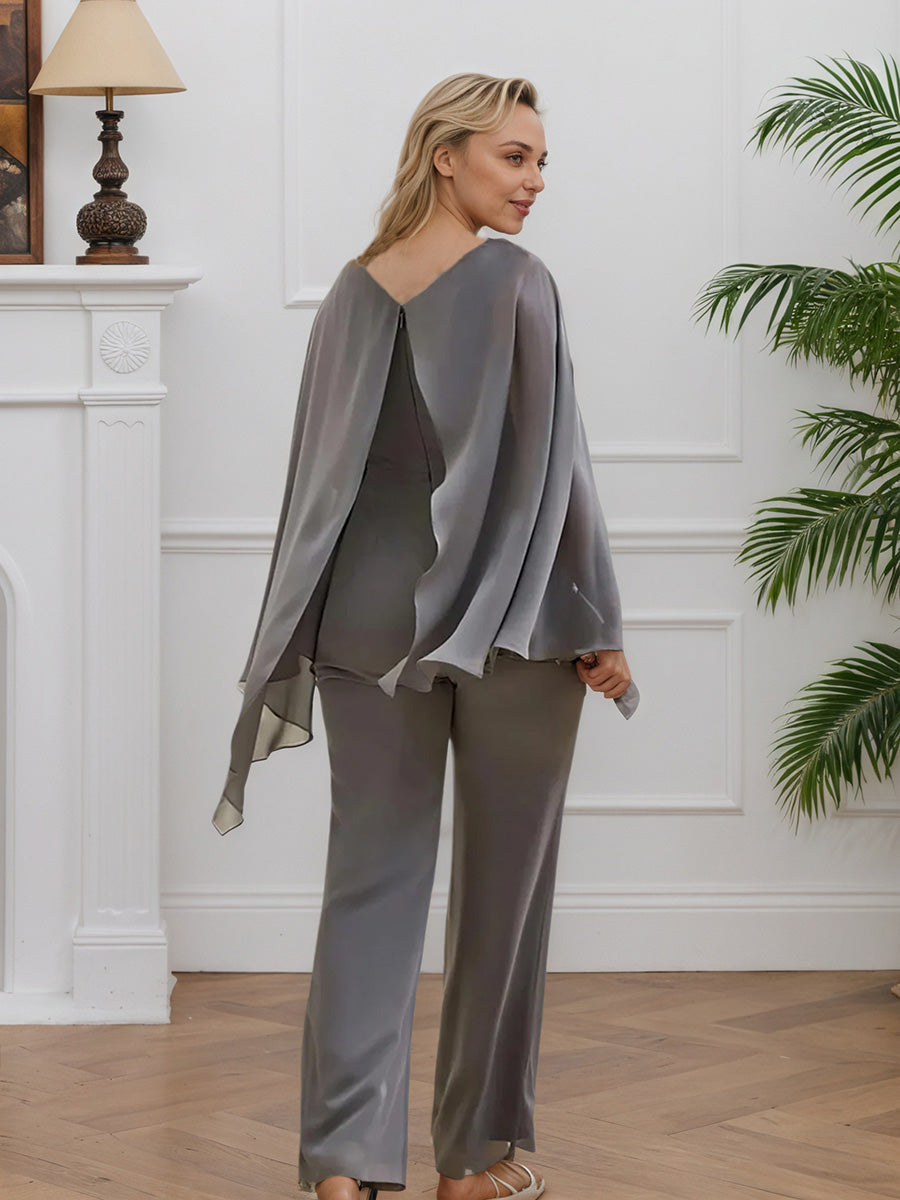 Cicinia Gris Costume Pantalon pour Mère de la Mariée Long en Chiffon Perlé Décolleté en V 2 Pièces