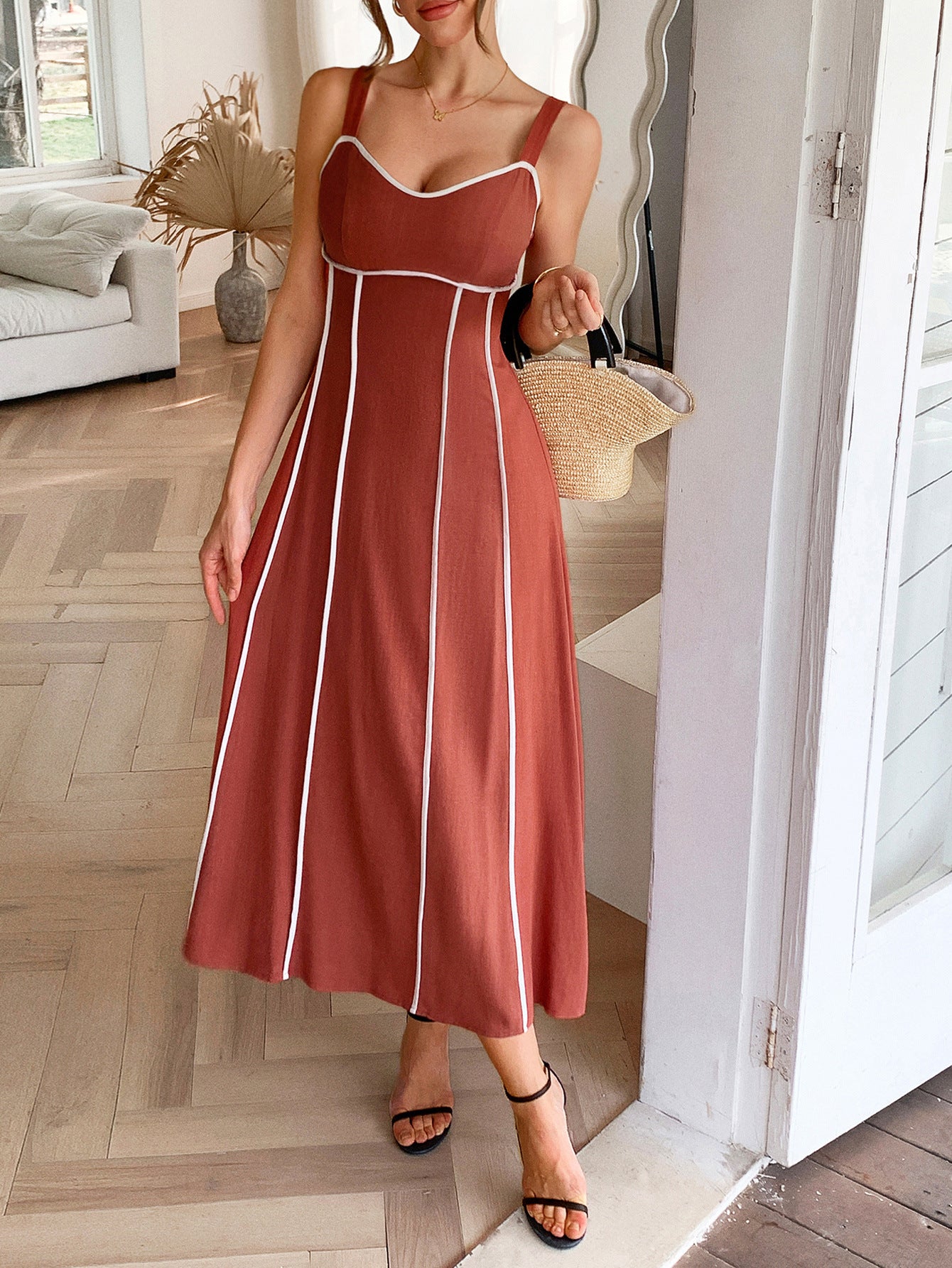 Robe Invitée Mariage Rouille Élégante Encolure Carrée à Bretelles Longueur Cheville