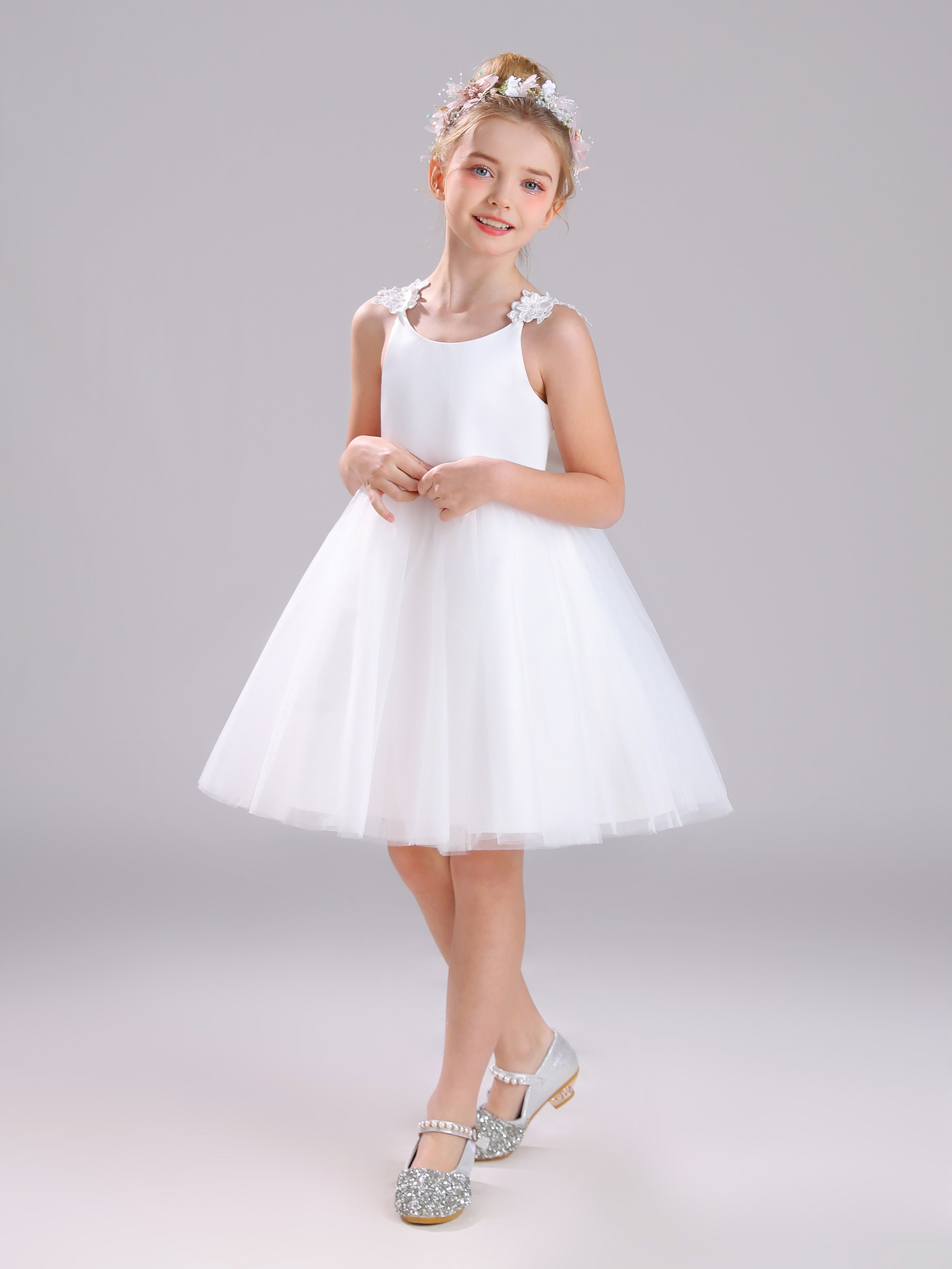 Col Rond Satin&Tulle&Dentelle Courte Robe Fille avec Appliques