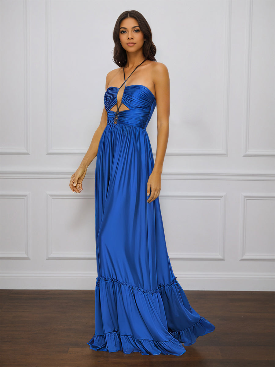 Cicinia BLEU_ROYALE Robe de Soirée Longue en Satin Doux A-Line Bretelles Spaghetti Traîne Balayée