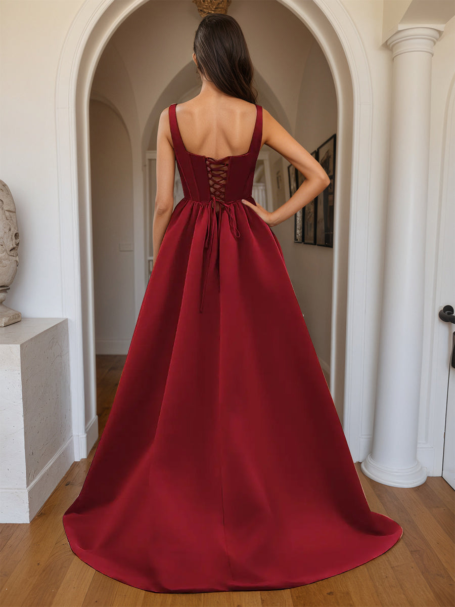 Cicinia Robe de Soirée BORDEAUX Longue A-Line en Satin Décolleté Carré Ravissante