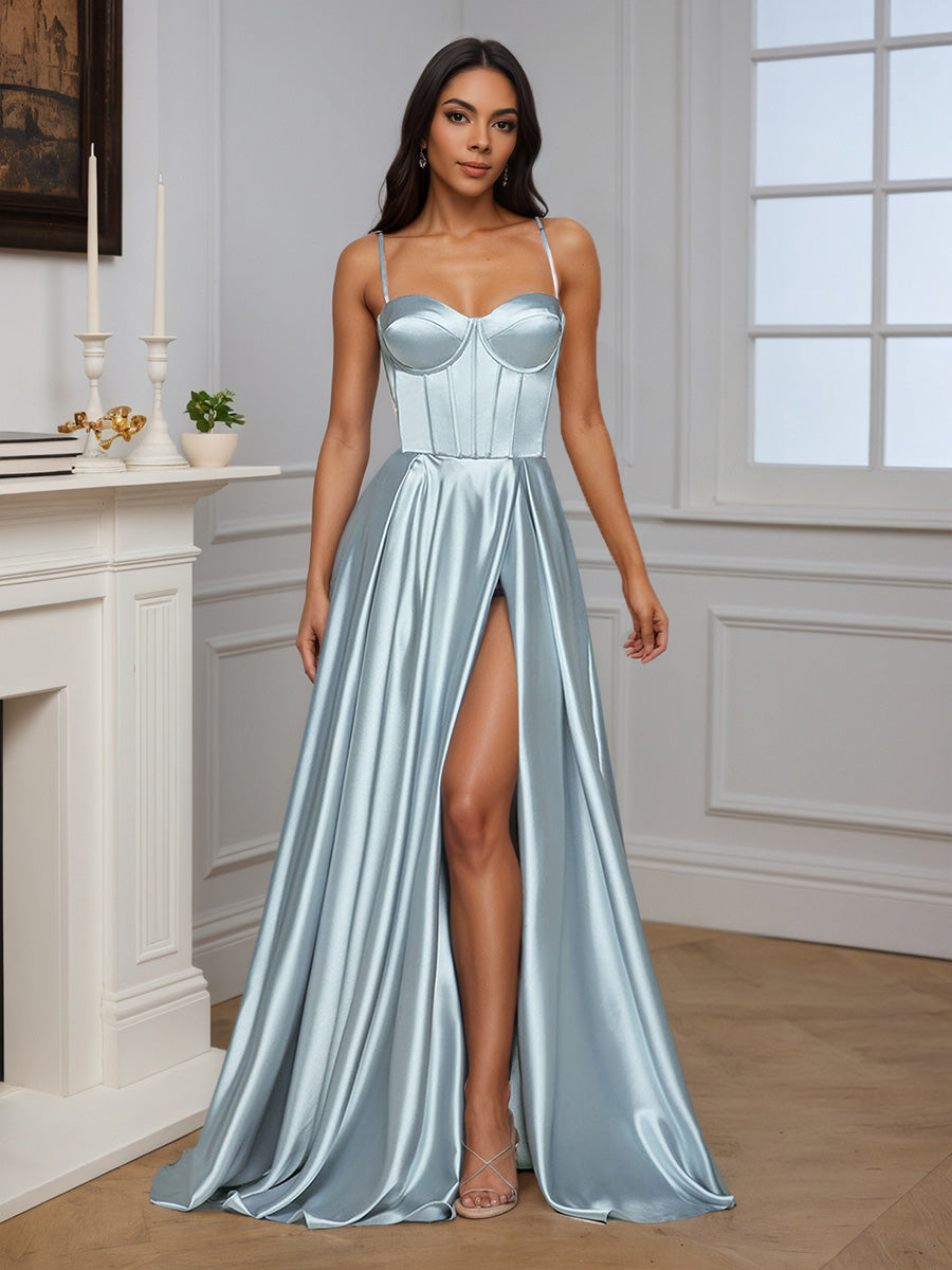 Cicinia Robe de Soirée BLEU CIEL Longue en Satin Doux A-Line Fente Traîne Balayée