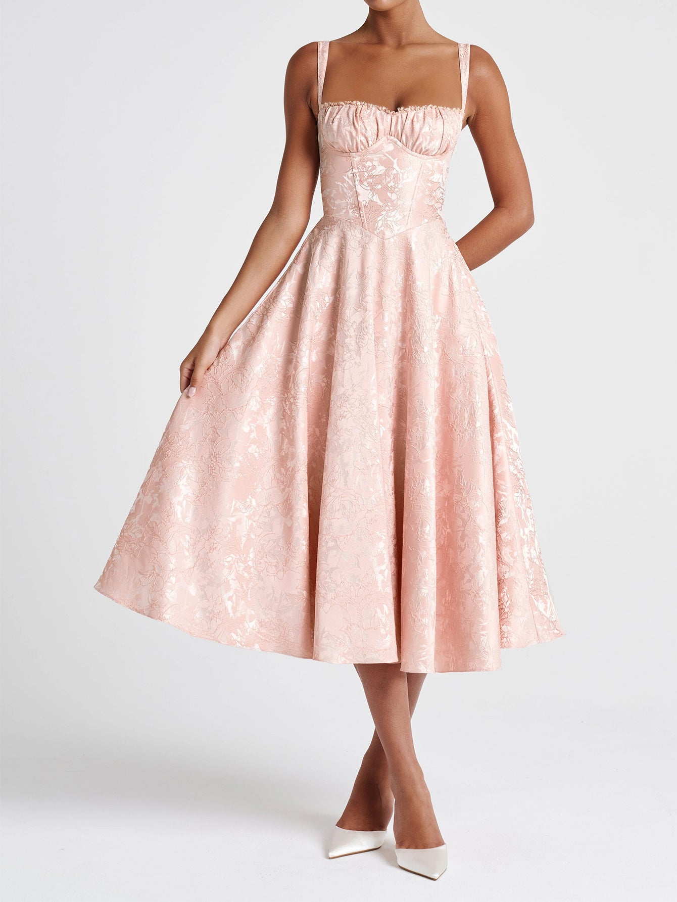 Robe Invitée Mariage CORAIL Florale Encolure Illusion Bretelles Élégantes