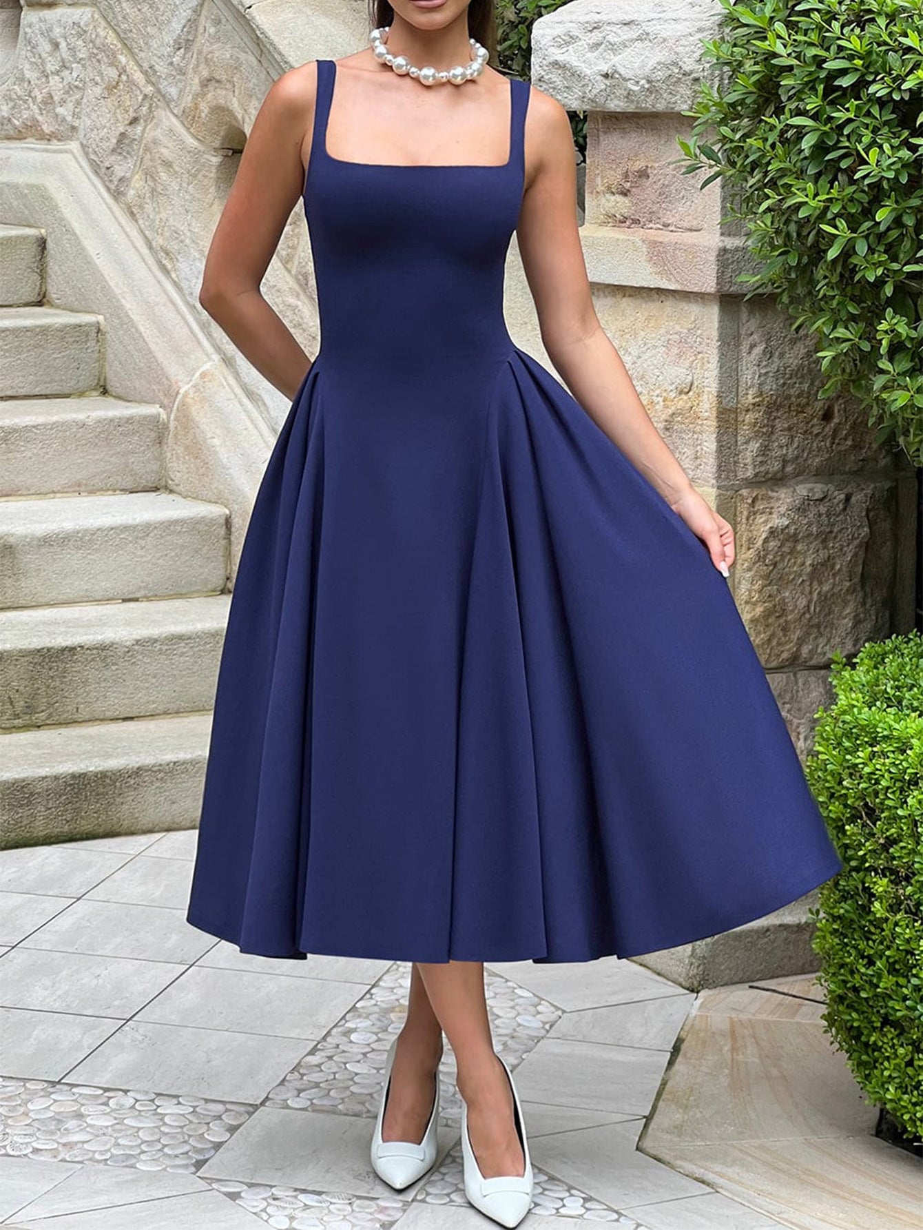 Robe Invitée Mariage MARINE_FONCE Longueur Cheville Encolure Carrée Sans Manches