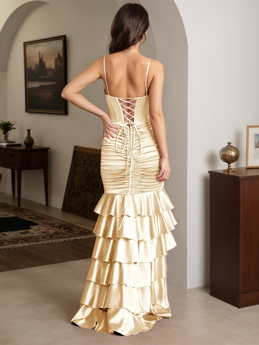 Cicinia Champagne Robe de Soirée Longue en Satin Extensible Fourreau à Bretelles Spaghetti à Volants Fente