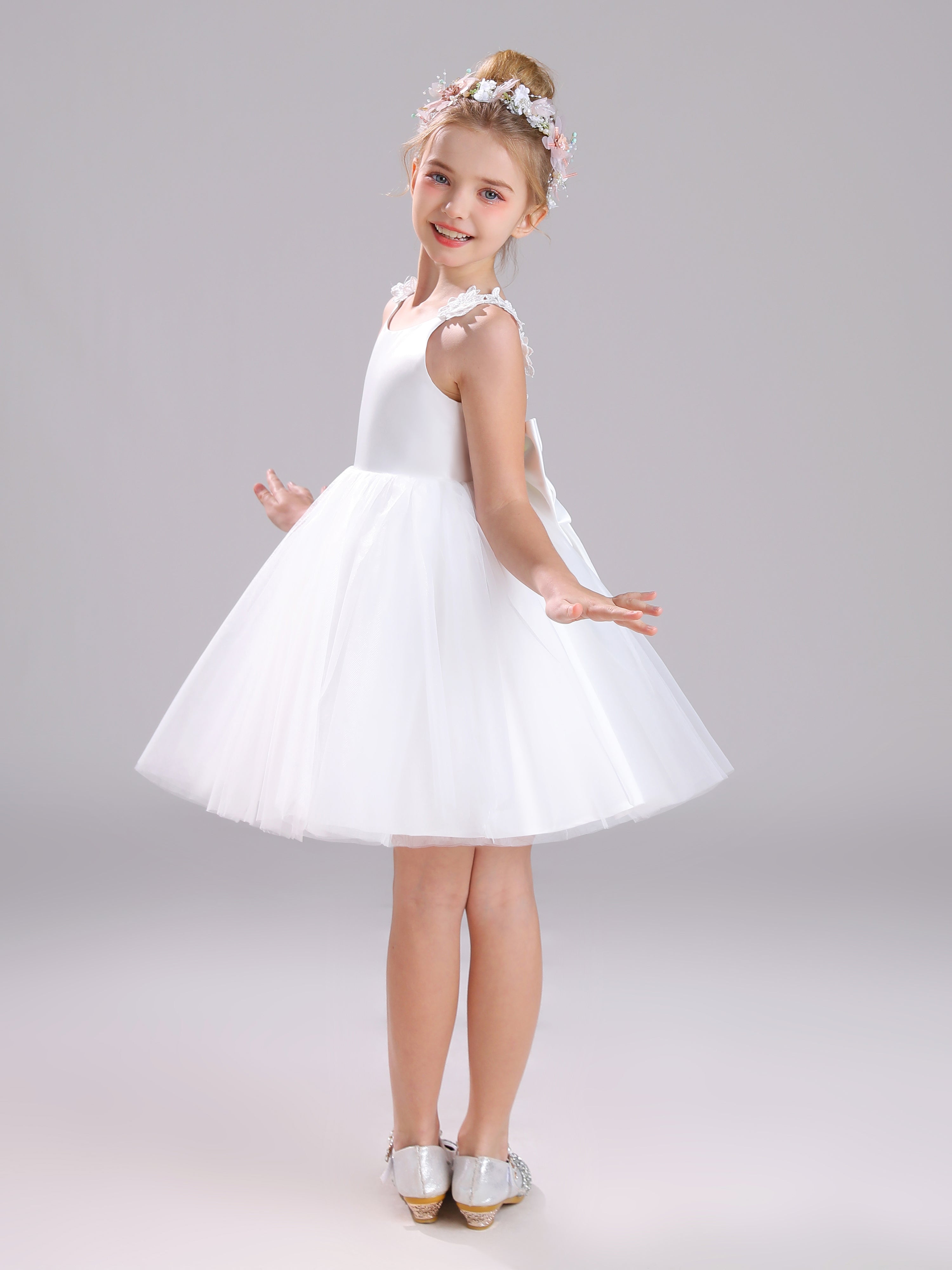 Col Rond Satin&Tulle&Dentelle Courte Robe Fille avec Appliques