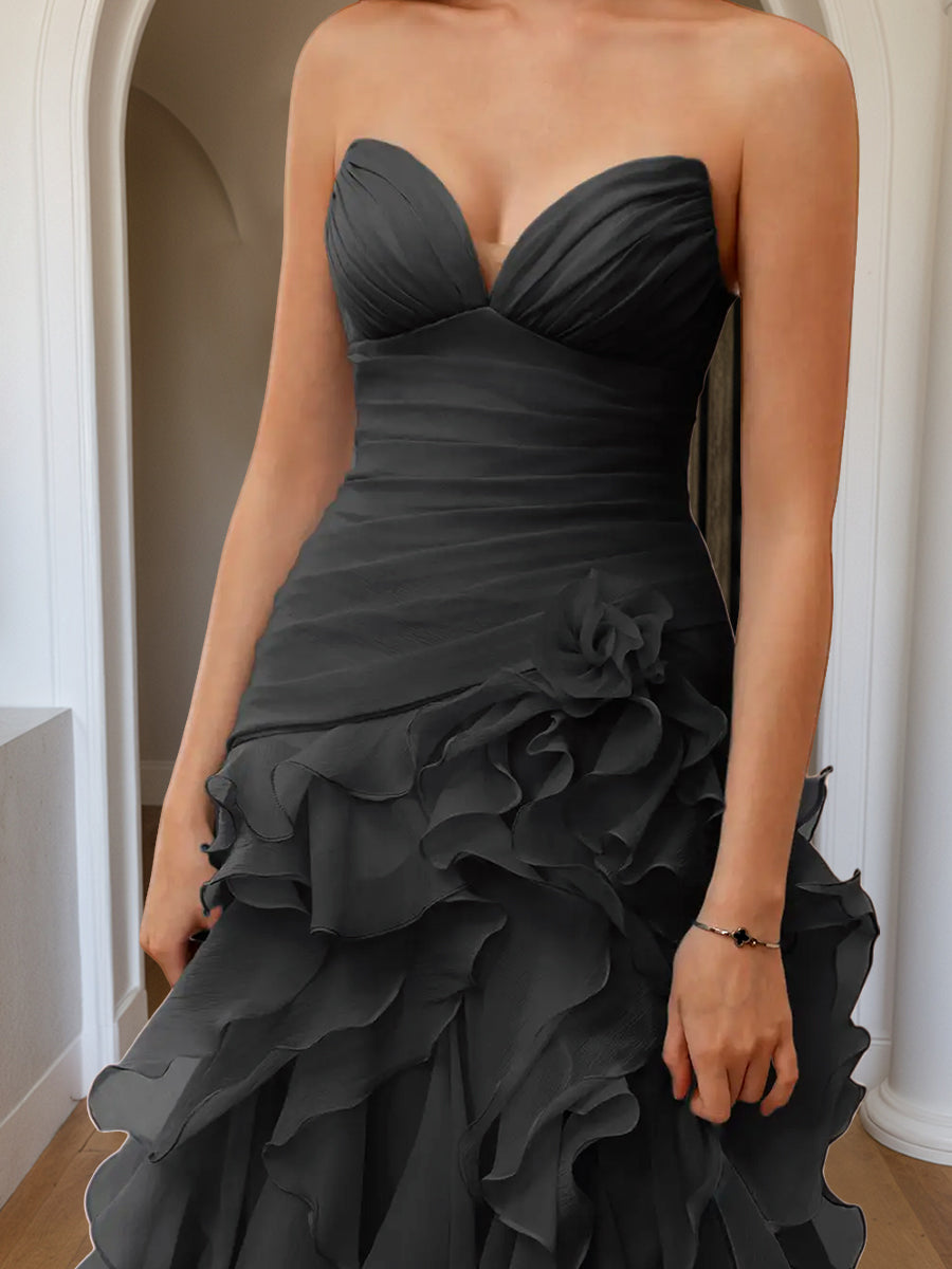 Cicinia Robe de Soirée Noir Longue Fourreau sans Bretelles Fente Dos Nud à Volants