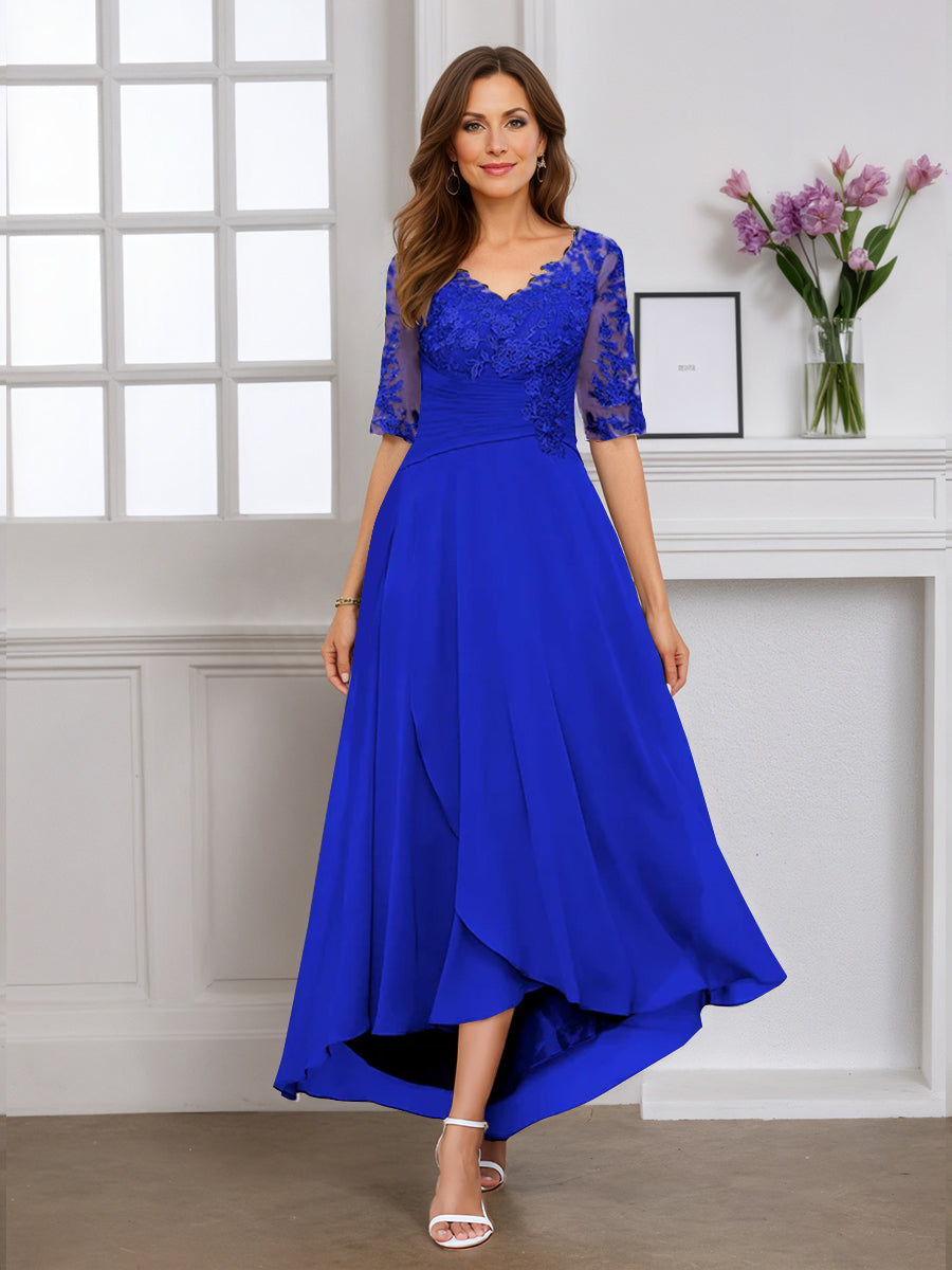 Cicinia Robe pour Mère de la Mariée BLEU ROYALE Longue A-Line en Mousseline Dentelle Manches Demi-longues Décolleté en V Ourlet Asymétrique