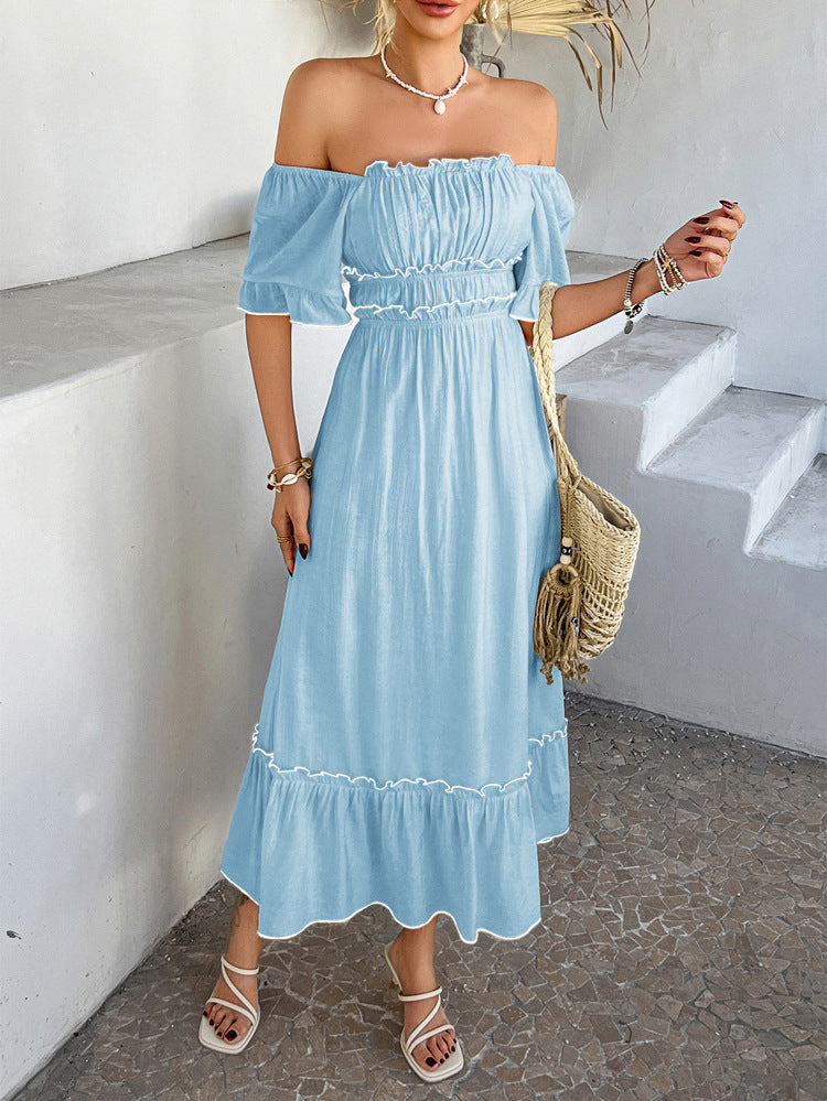 Robe Invitée de Mariage BLEU_CIEL à Épaules Dénudées Coupe A-Line Mi-Longue Sans Bretelles