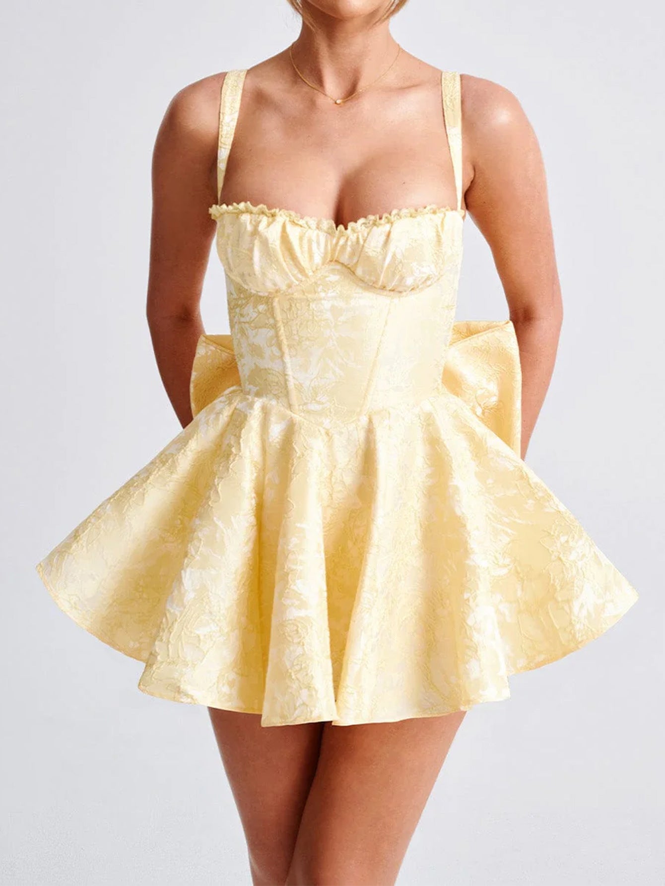 Robe Invitée Mariage JONQUILLE Mini Florale Encolure Carrée avec Nœud