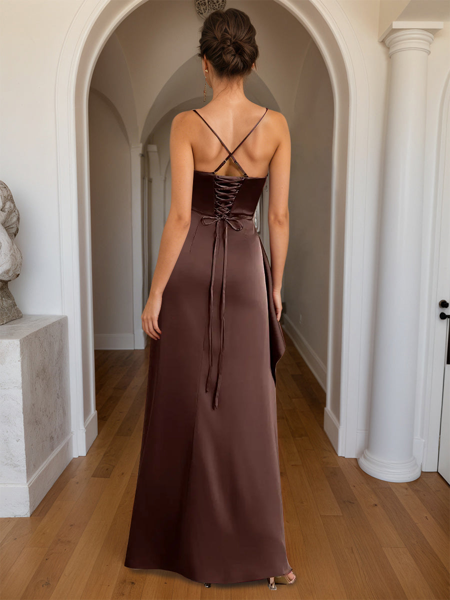 Cicinia Robe de Soirée CHOCOLAT Longue Fourreau à Bretelles Spaghetti Fente Longueur Sol