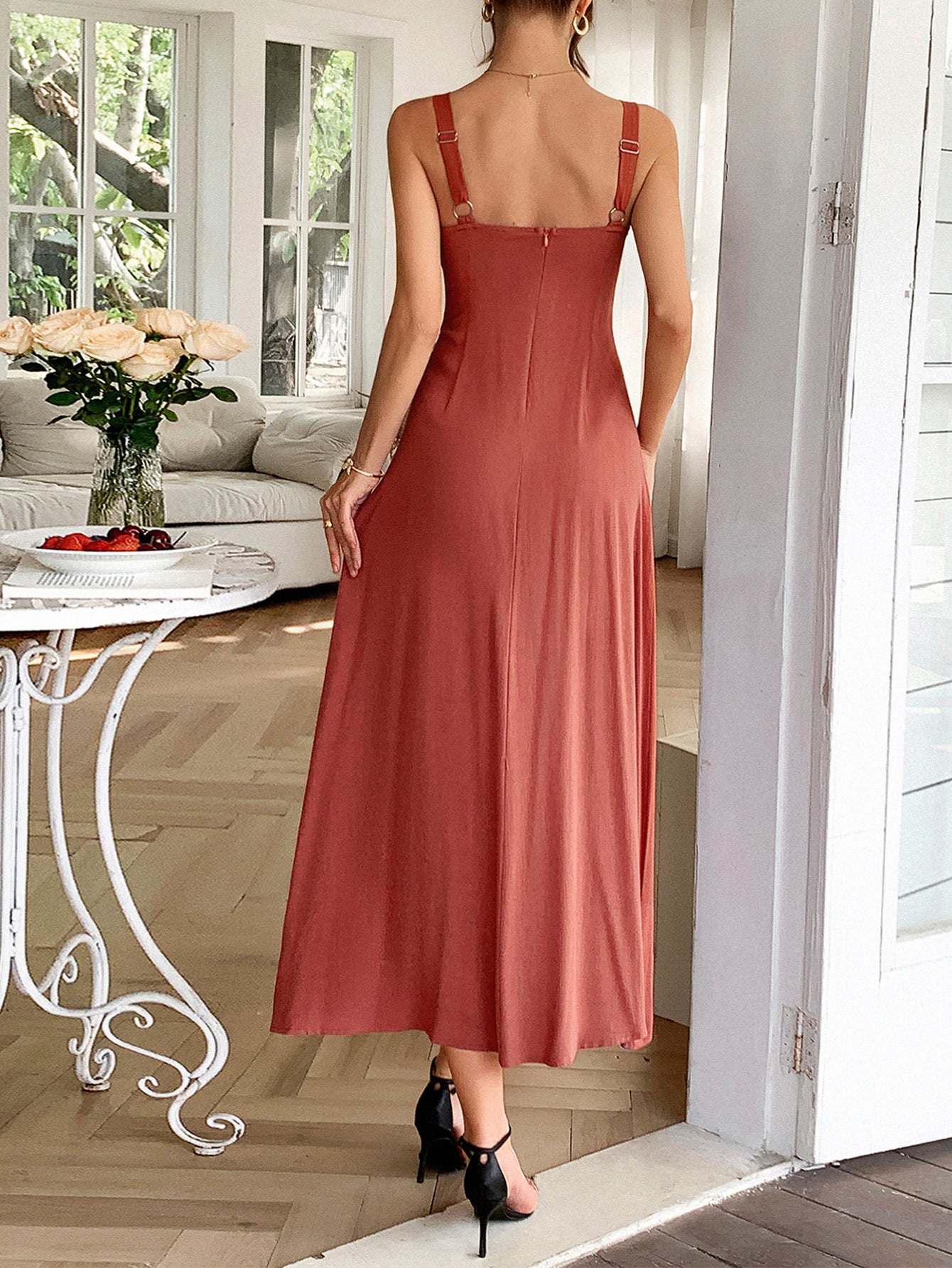 Robe Invitée Mariage Rouille Élégante Encolure Carrée à Bretelles Longueur Cheville