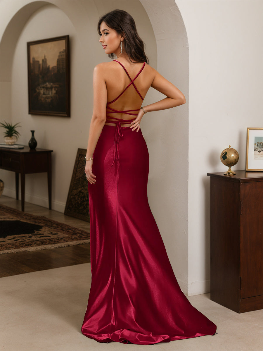 Cicinia Robe de Soirée BORDEAUX Longue Fourreau à Bretelles Spaghetti Dos Nud Fente