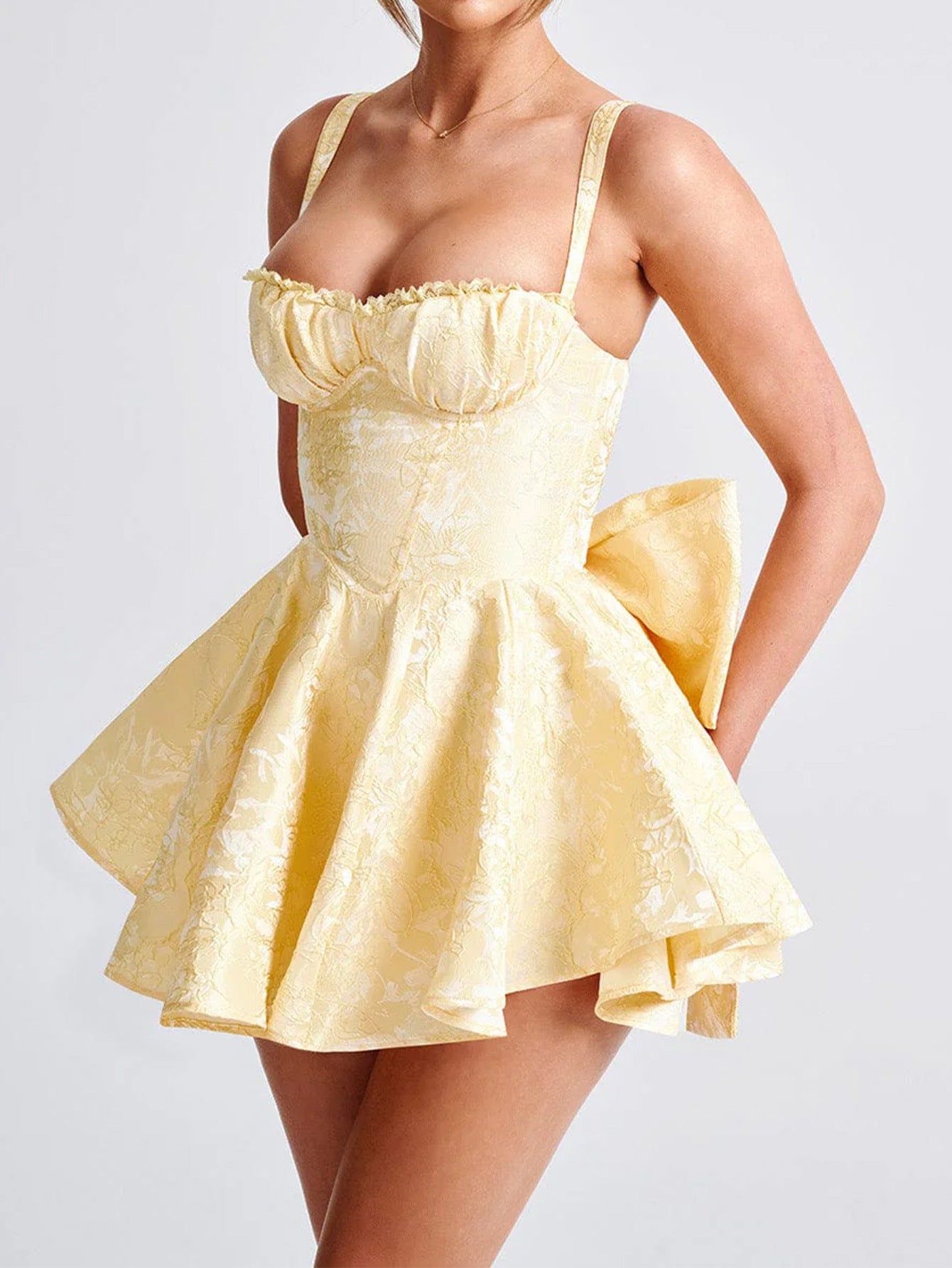 Robe Invitée Mariage JONQUILLE Mini Florale Encolure Carrée avec Nœud