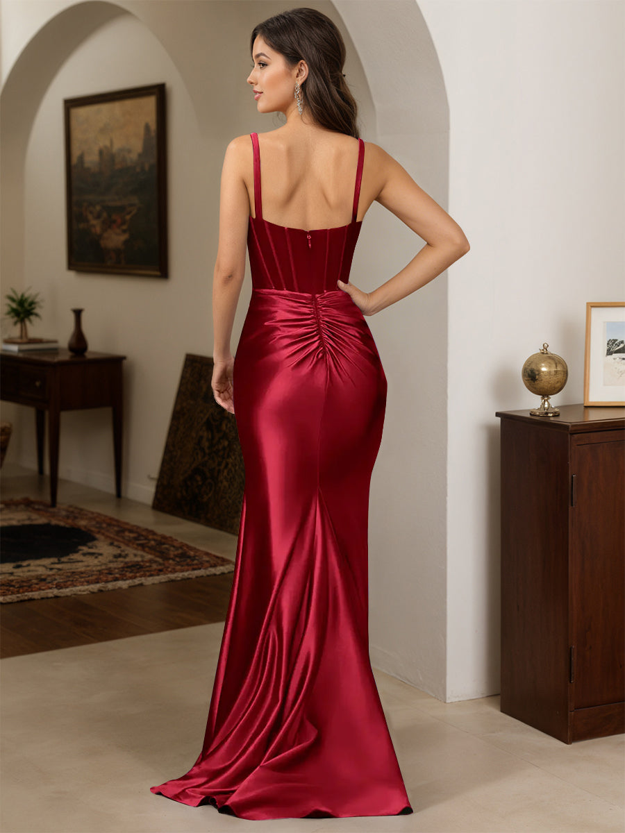 Cicinia Robe de Soirée BORDEAUX Longue Fourreau en Satin Extensible Dos Nud sans Manches