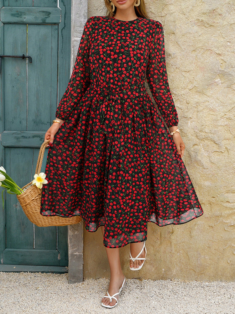 Robe Invitée Mariage Noir Mi-Longue Col Ras du Cou et Manches Longues