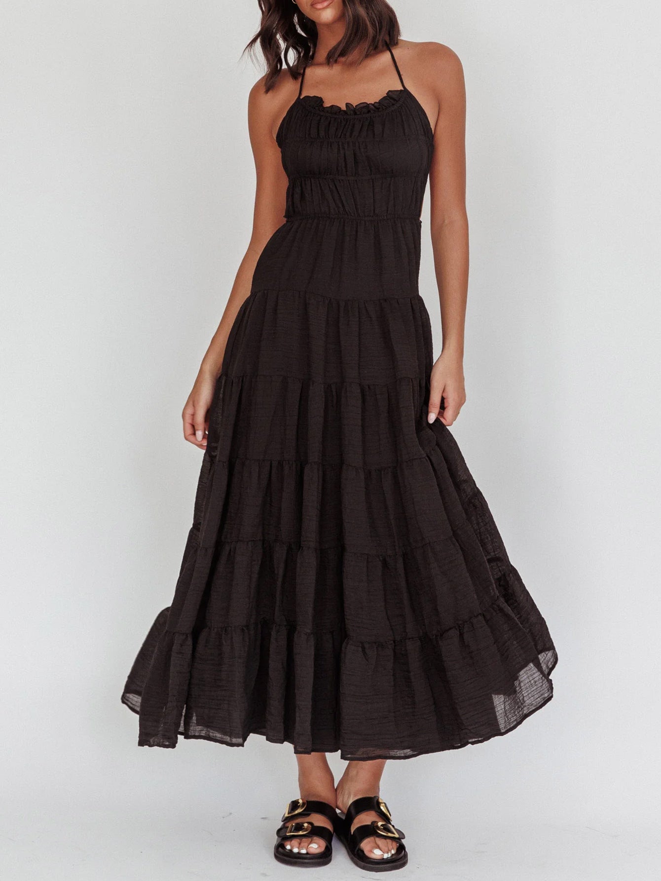 Robe Invitée Mariage Noire Licou Dos Nud Coupe Cintrée Longueur Cheville