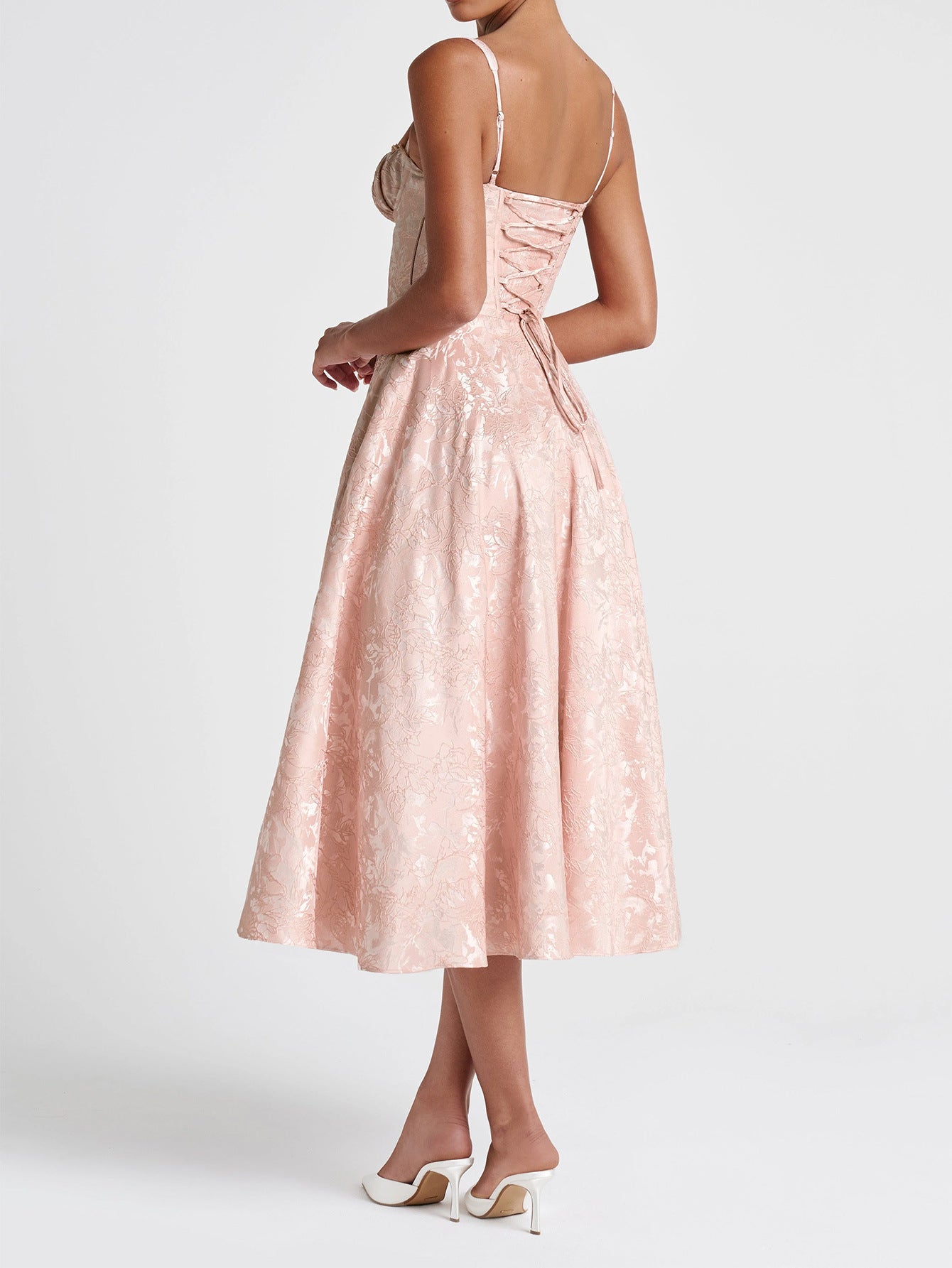 Robe Invitée Mariage CORAIL Florale Encolure Illusion Bretelles Élégantes