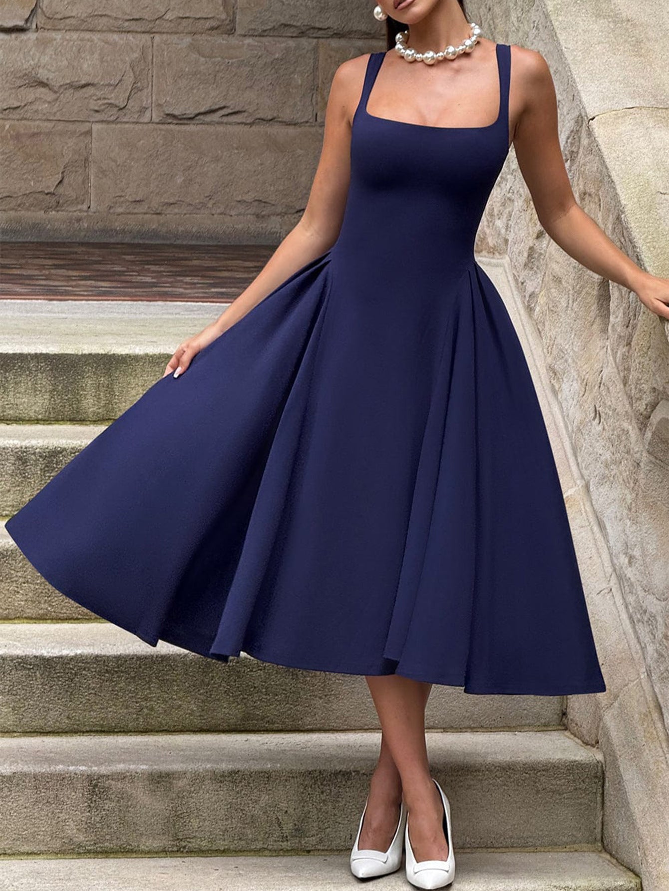 Robe Invitée Mariage MARINE_FONCE Longueur Cheville Encolure Carrée Sans Manches