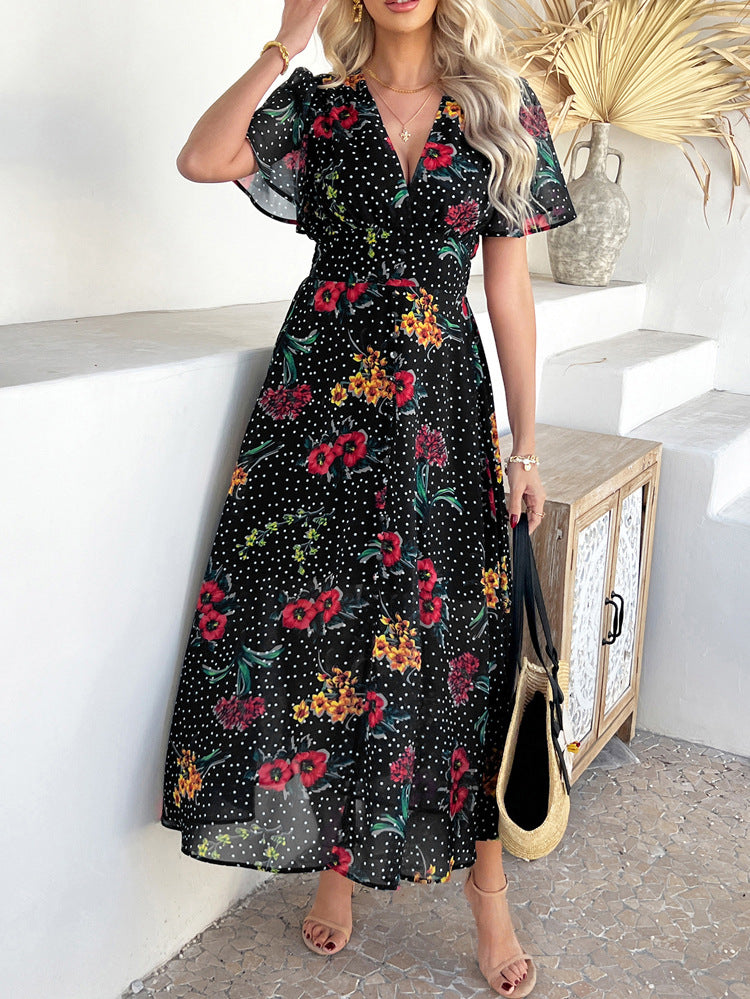 Robe de Mariée Invitée Noire Sexy en Mousseline Imprimé Florale à Manches Courtes