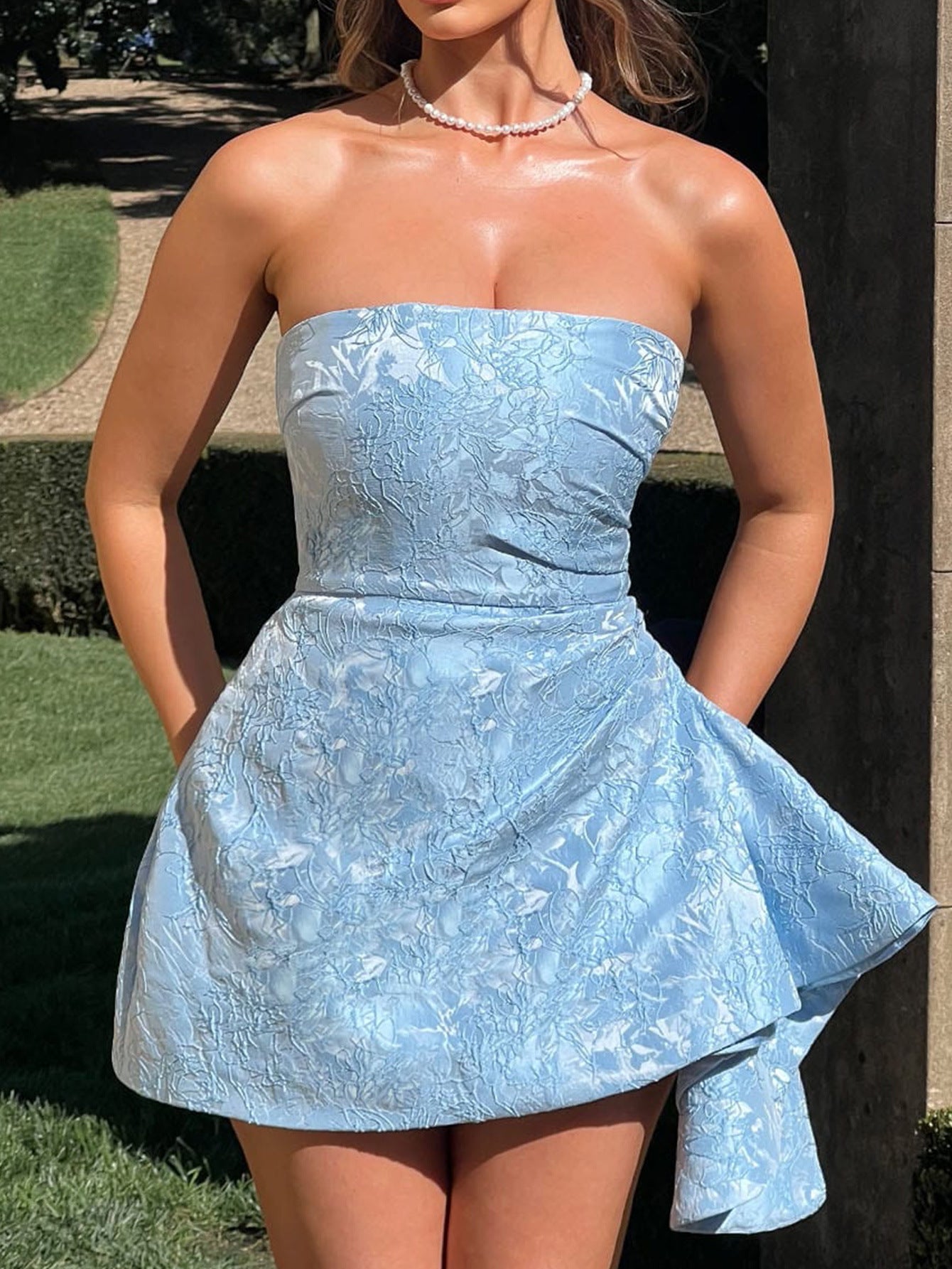 Robe Invitée Mariage BLEU_CIEL Mini Imprimé Volant Latéral Sans Bretelles