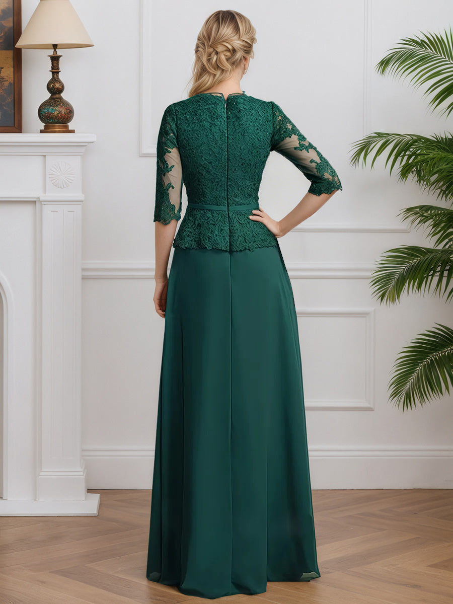 Cicinia Vert Foncé Robe pour Mère de la Mariée Longue en Mousseline et Dentelle A-Line Manches Demi-longues Décolleté en V