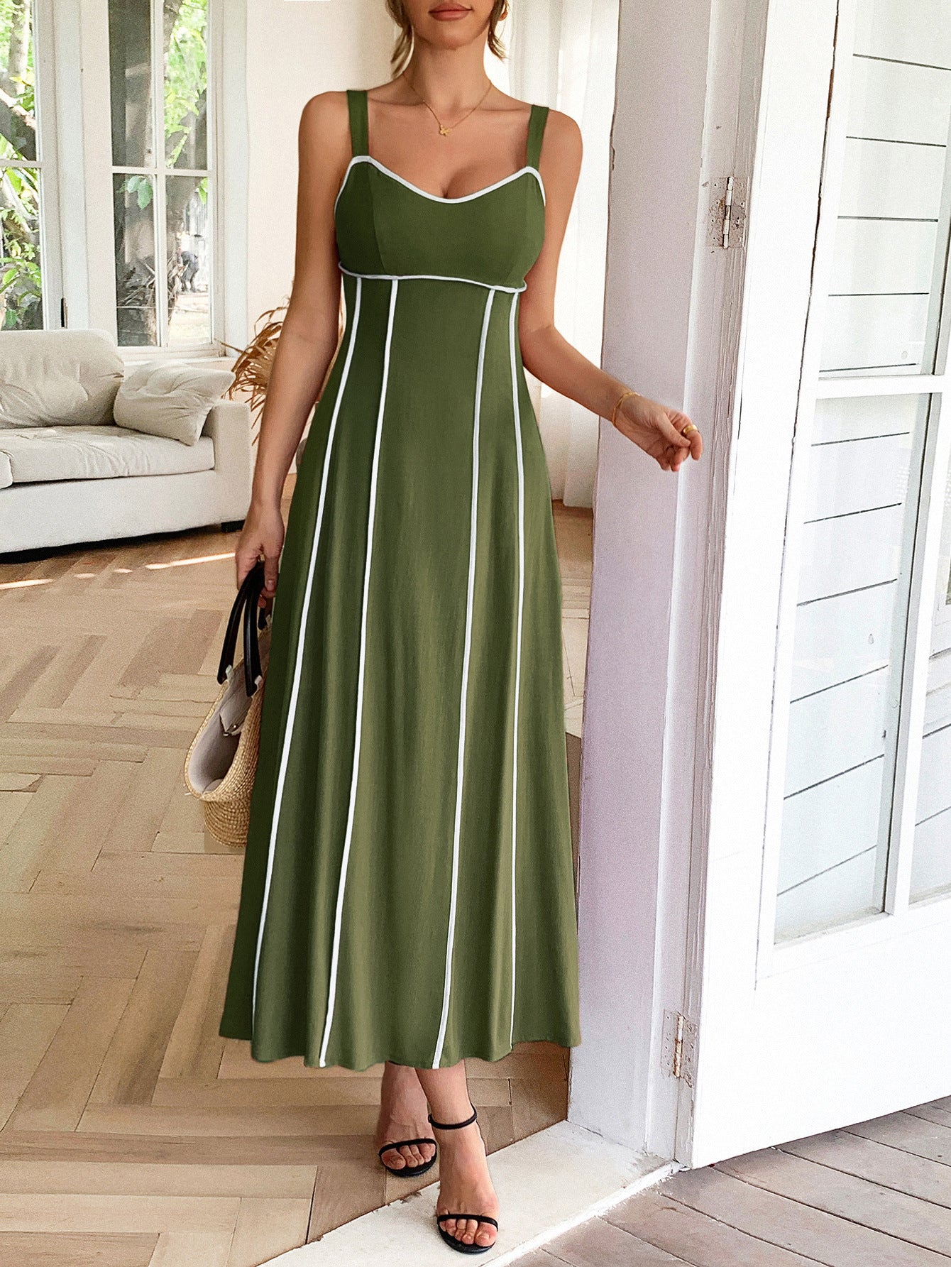 Robe Invitée Mariage VERT_OLIVE Élégante Encolure Carrée à Bretelles Longueur Cheville