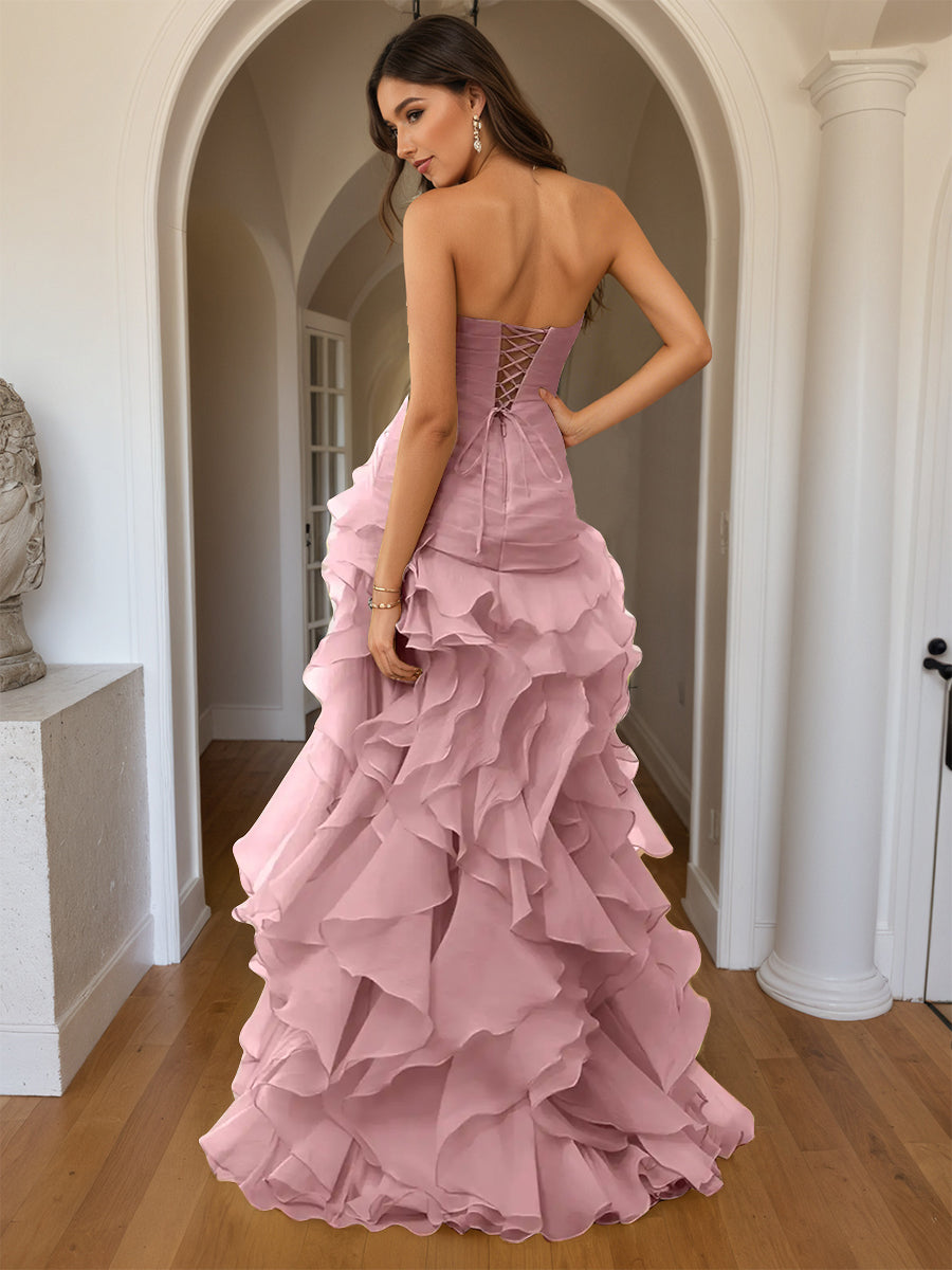 Cicinia Robe de Soirée ROSE POUDRE Longue Fourreau sans Bretelles Fente Dos Nud à Volants